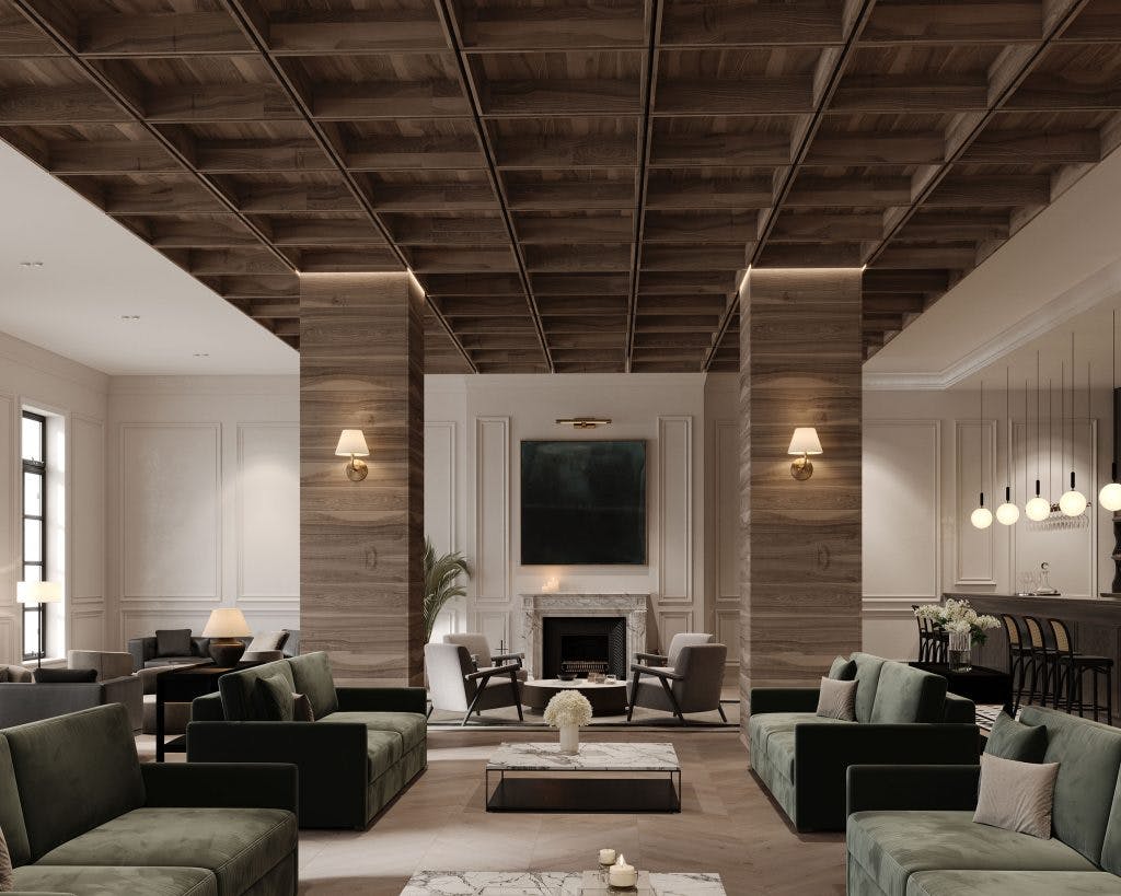 An elegant living room with a wooden ceiling grid, featuring a central fireplace, plush green sofas, and a large flat-screen TV. Soft lighting and sophisticated decor enhance the quiet ambiance.