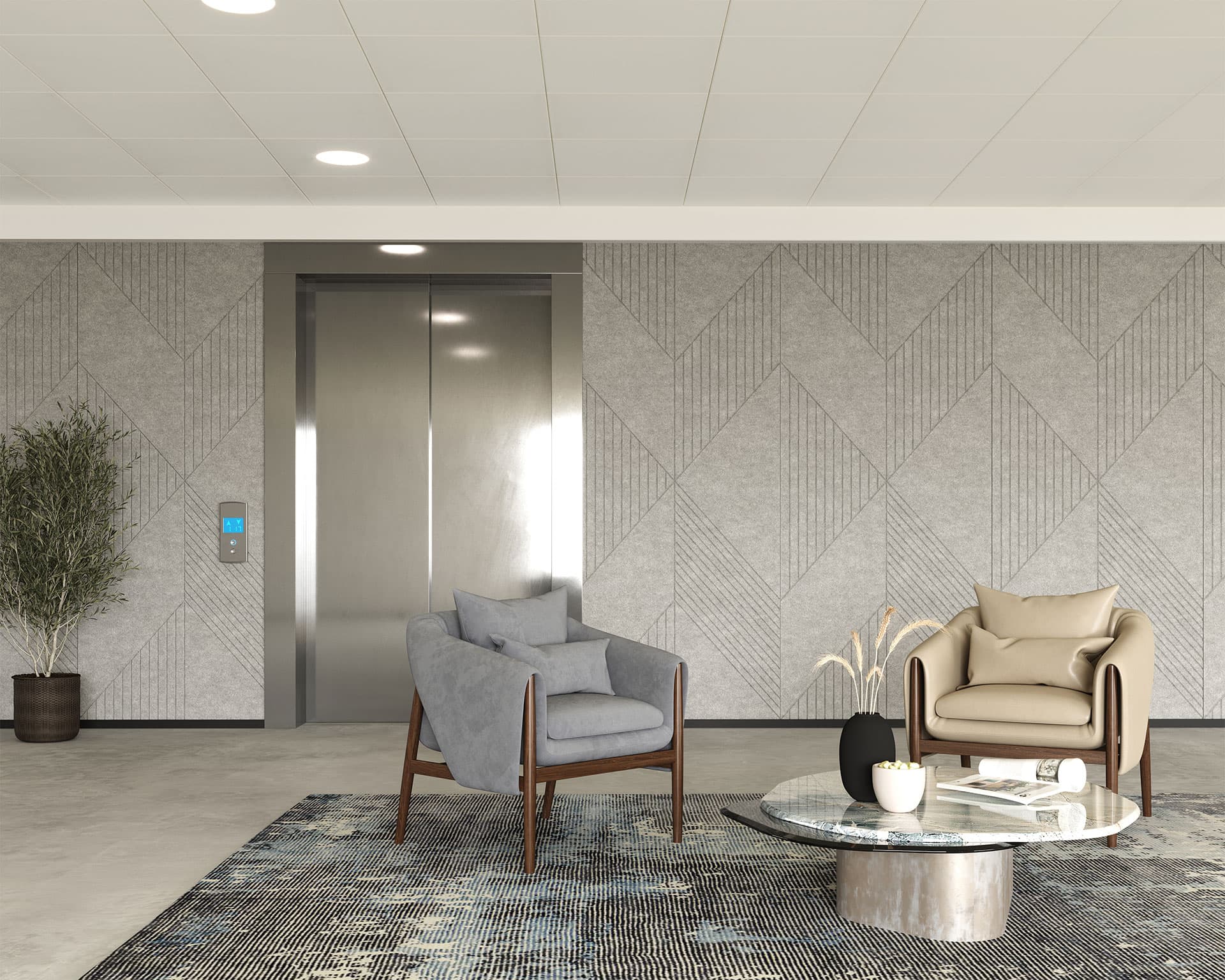 A modern waiting area features a sleek elevator, two armchairs, a glass coffee table, and a potted plant. The wall behind the elevator boasts Metropolis acoustic felt wall panels with a geometric pattern, and the space is well-lit with recessed ceiling lights. The area rug adds texture and color to the scene.