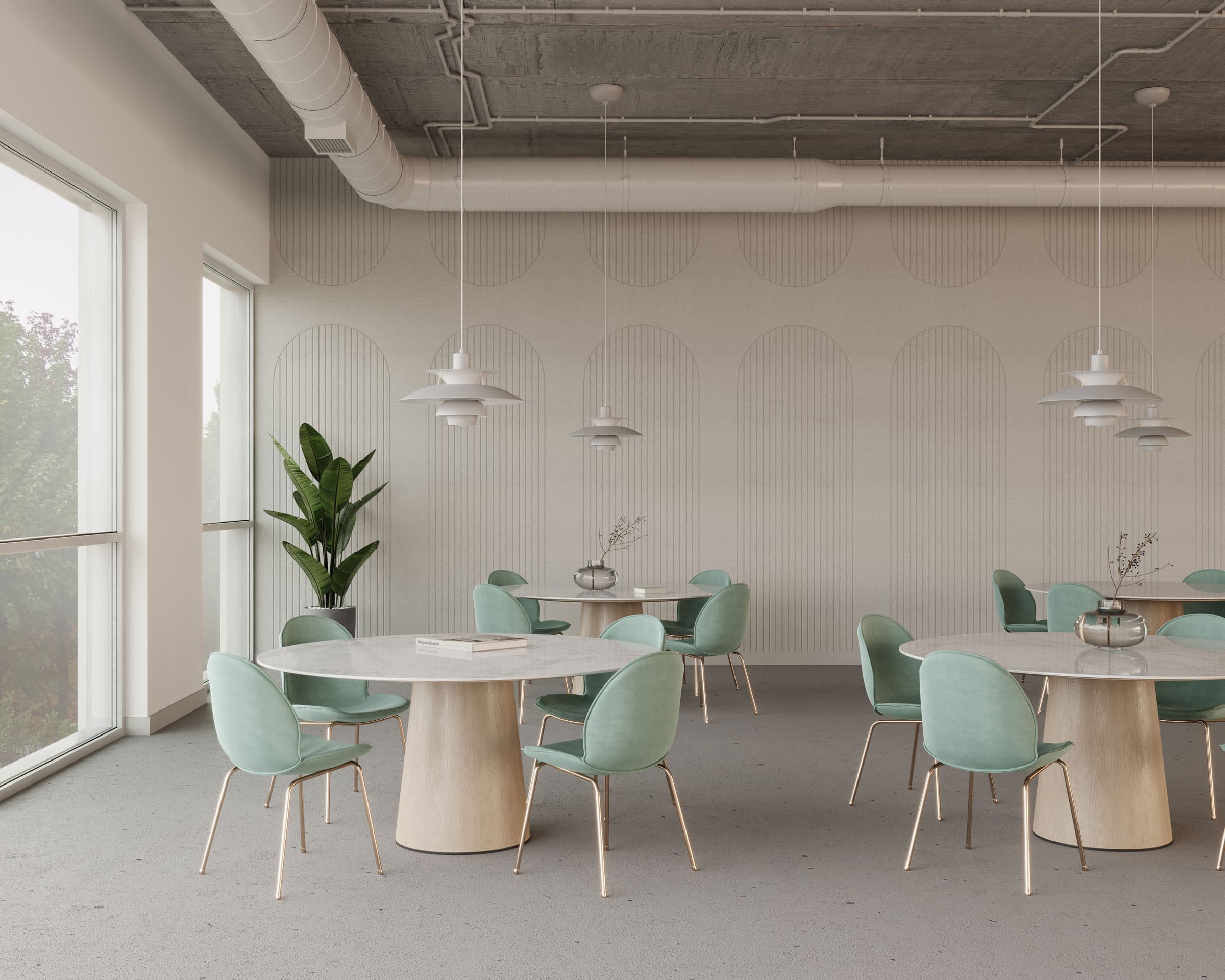 A modern, minimalist cafeteria with round tables and mint-green chairs. A potted plant decorates the corner by large windows. The walls feature geometric patterns and arch acoustic felt wall panels, while pendant lights hang from an exposed industrial ceiling. The setting is clean and airy.