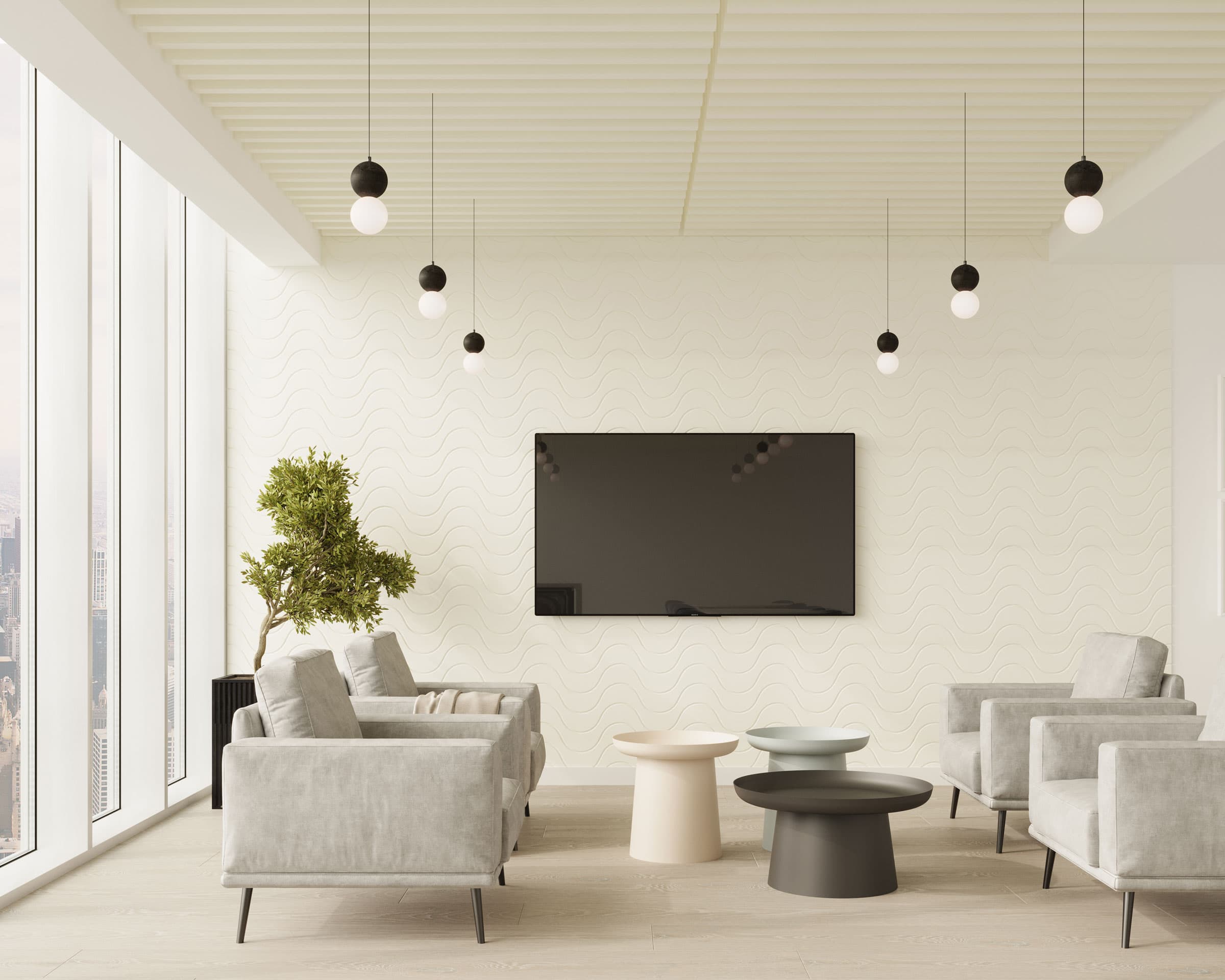 A modern living room with a minimalist design featuring wall-mounted flat screen TV, light-colored walls, and large floor-to-ceiling windows. The space includes wavelength acoustic felt wall panels, several gray armchairs, round coffee tables, a potted plant, and hanging pendant lights.