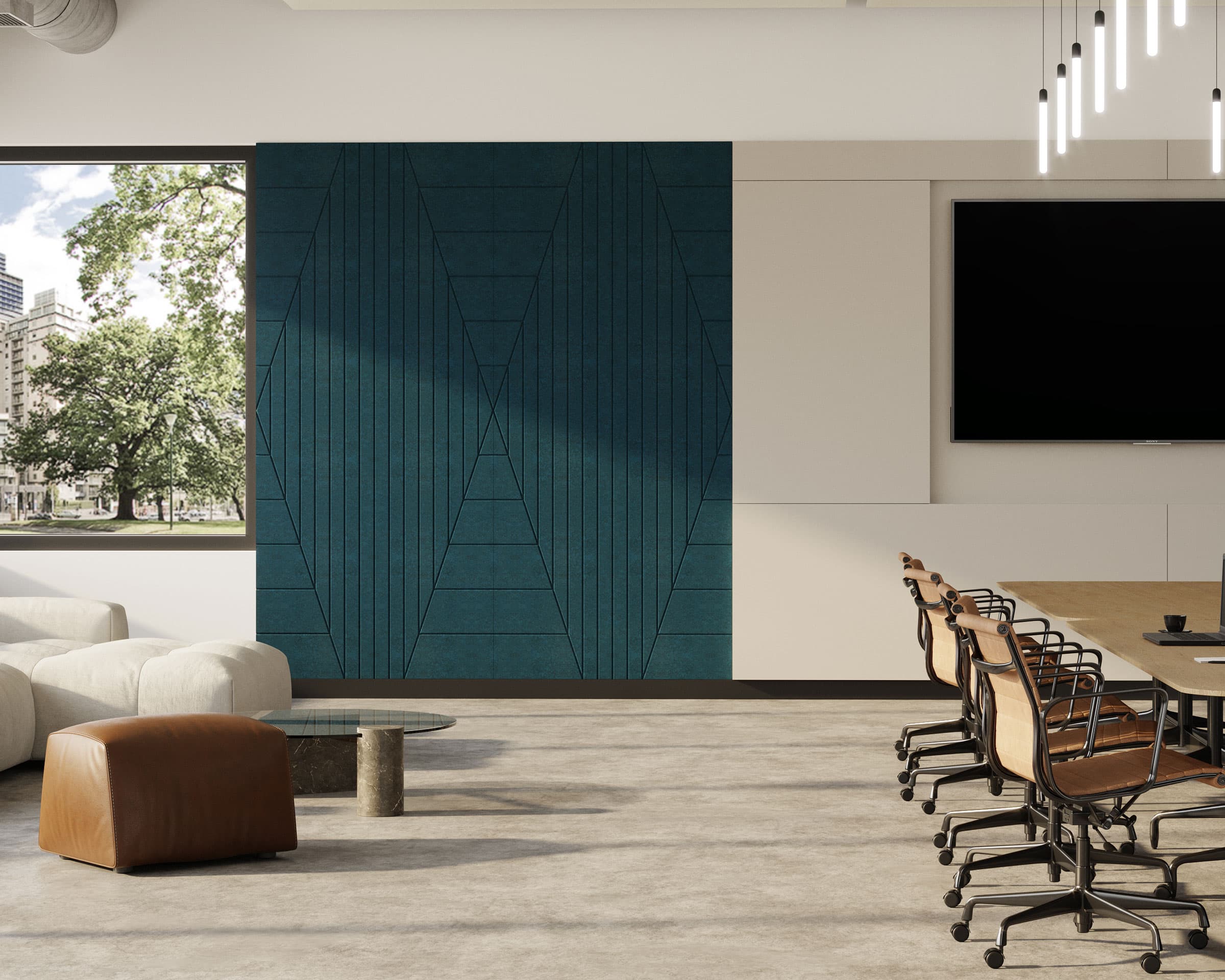 A modern conference room featuring a long table with several brown leather chairs, a large wall-mounted TV, and stylish blue textured acoustic felt wall panels. The room has large windows with a view of trees and buildings outside. Minimalist black and white lighting hangs from the ceiling.