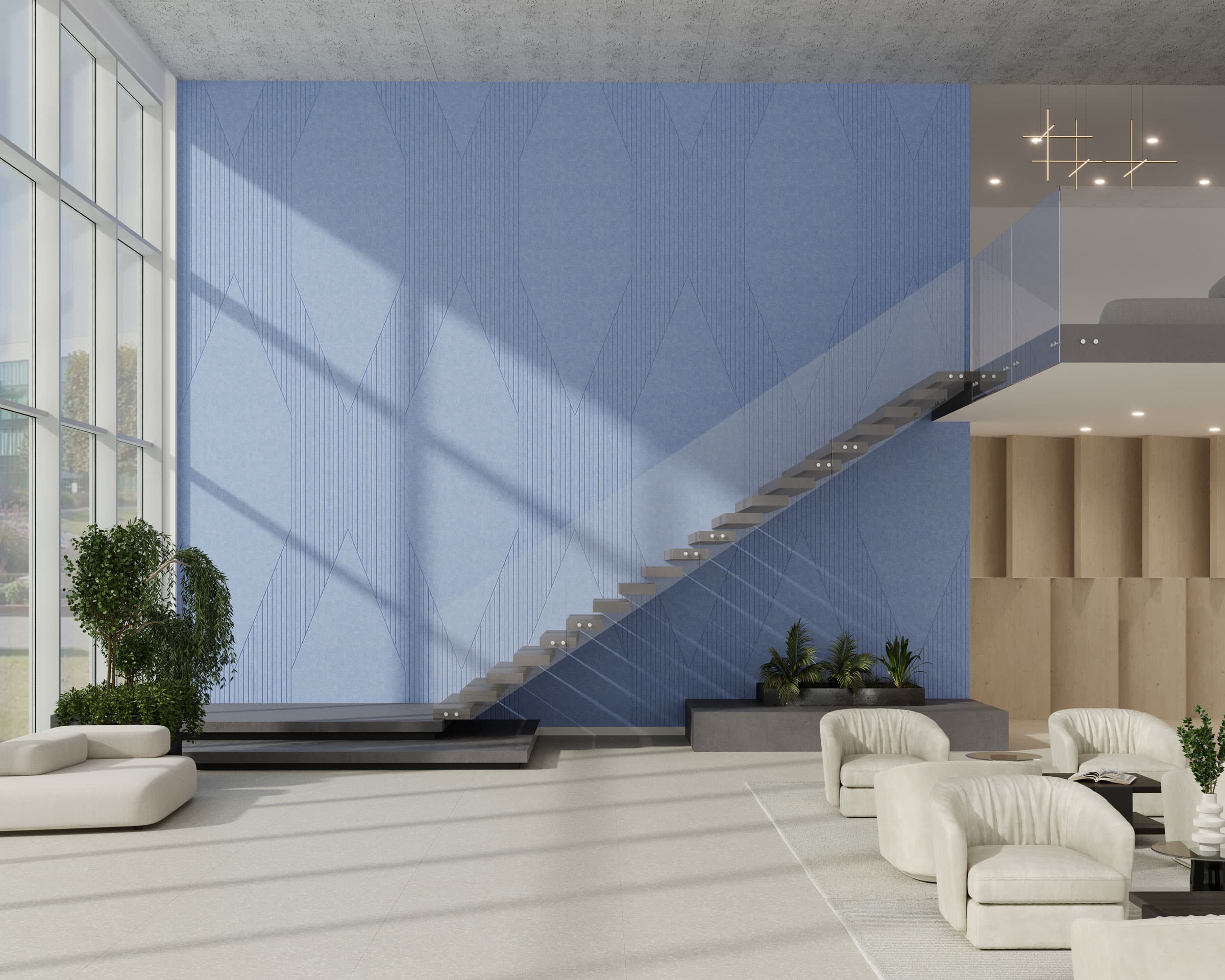 A modern interior with a minimalist design features a floating staircase against a textured blue wall enhanced by acoustic felt wall panels. The room has large floor-to-ceiling windows, white cushioned chairs, green potted plants, and light wood paneling on the second floor.