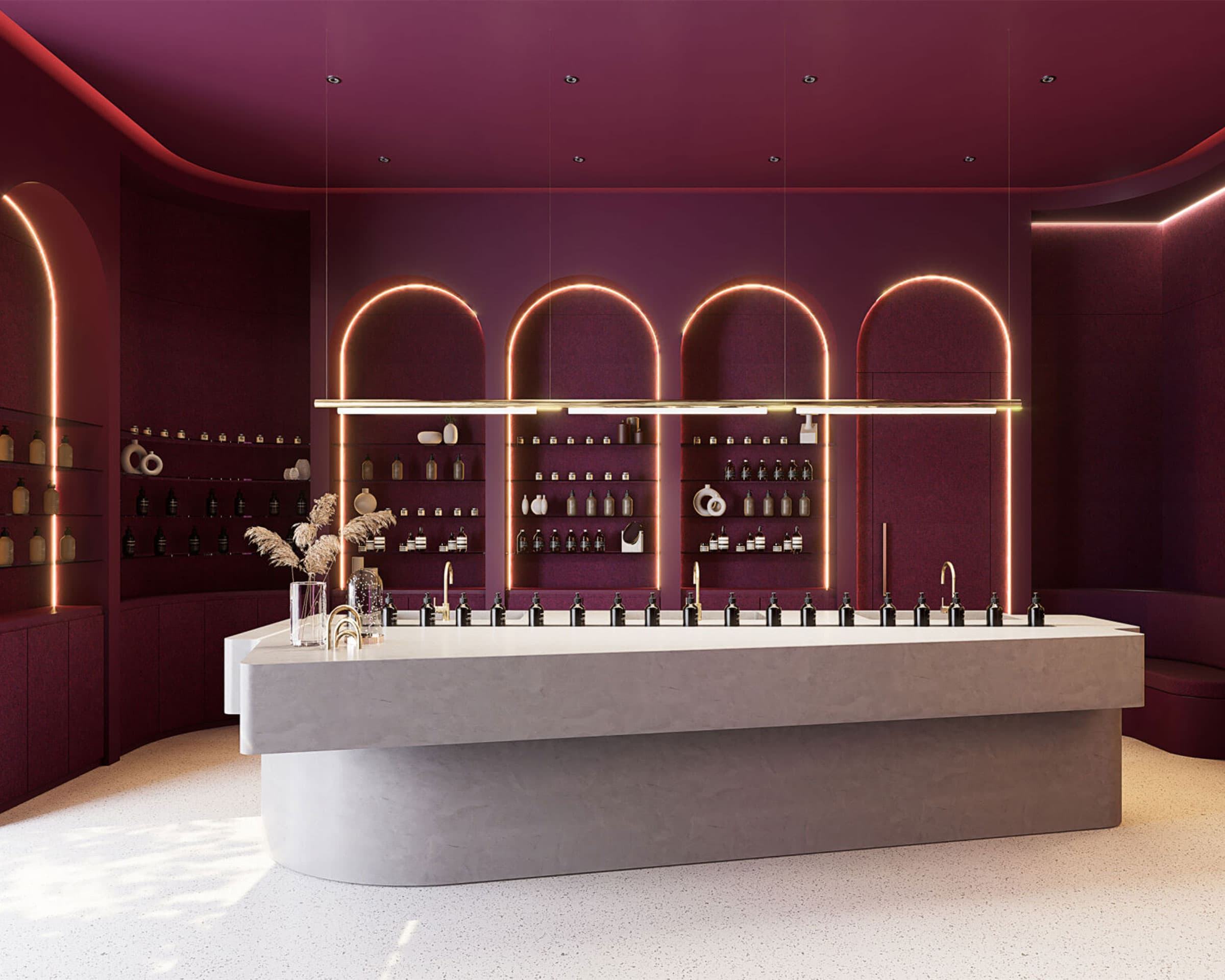 A contemporary, well-lit interior showcasing a sleek, curved bar counter with multiple faucets. The room features rich burgundy acoustic felt wall panels, arch-shaped shelves holding various bottles and accessories, and a minimalist, modern design accentuated by warm ambient lighting.