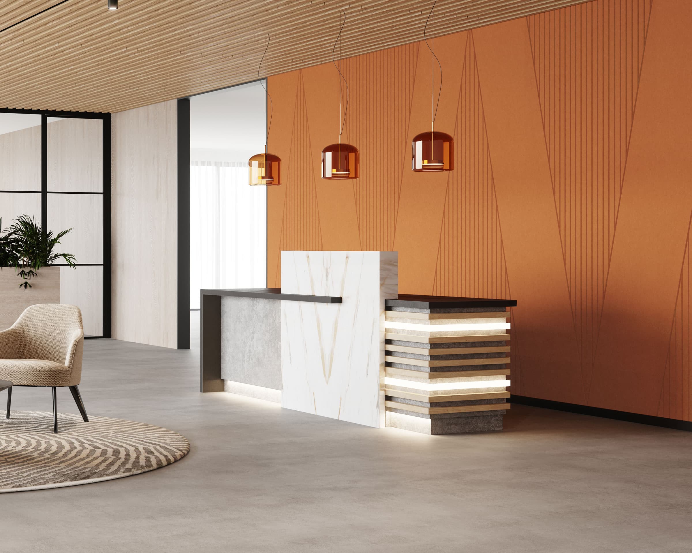 A modern, stylish reception area with a layered marble and wood reception desk. The backdrop features orange geometric acoustic felt wall panels, pendant lights, and a minimalist beige chair on a circular patterned rug. Large windows and a potted plant are visible in the background.