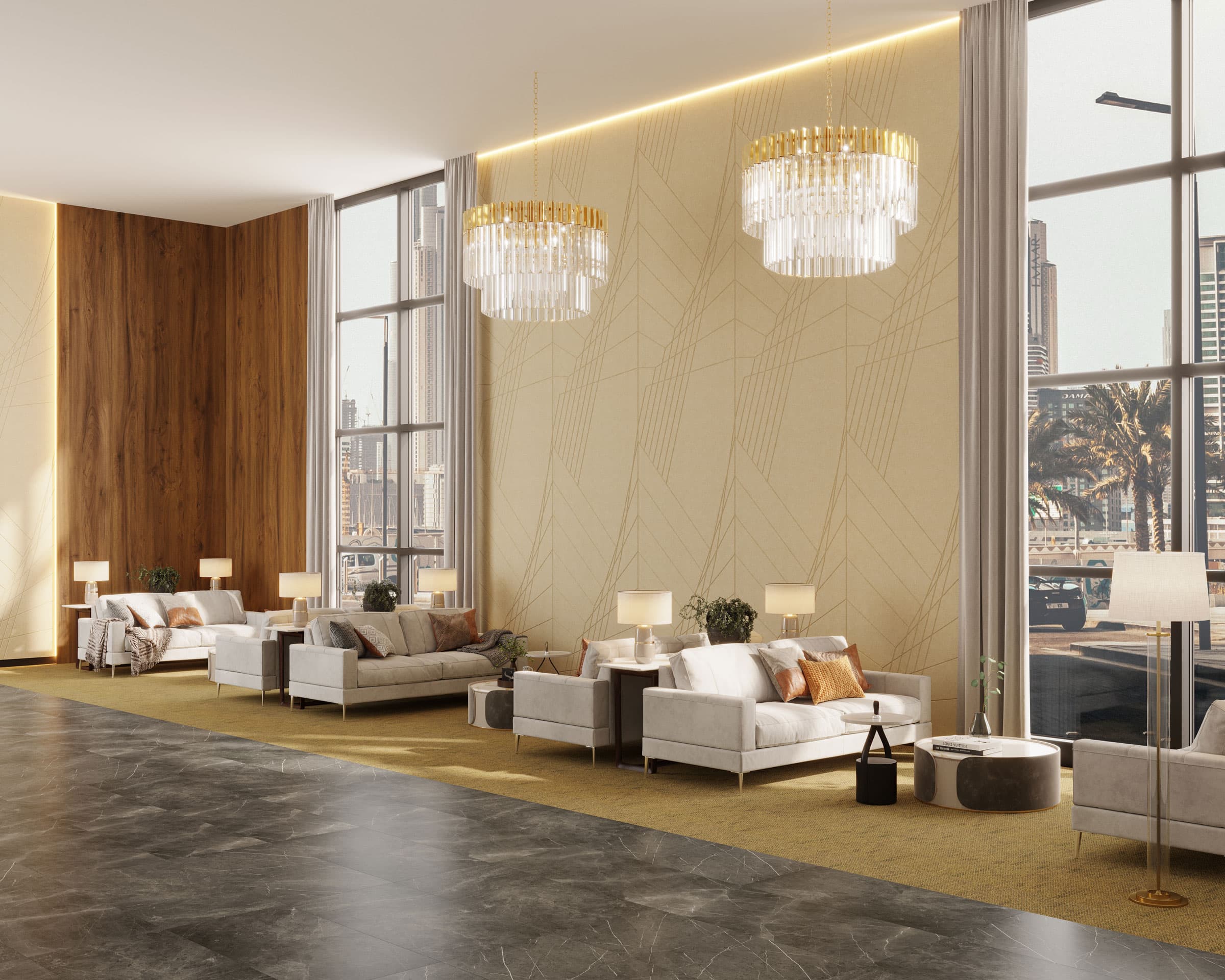 Elegant hotel lobby with large windows, modern chandeliers, and a mix of wooden and light beige walls adorned with acoustic felt wall panels. Comfortable white sofas and cushions are arranged along the wall, accompanied by small tables and stylish lamps. Cityscape visible through windows.