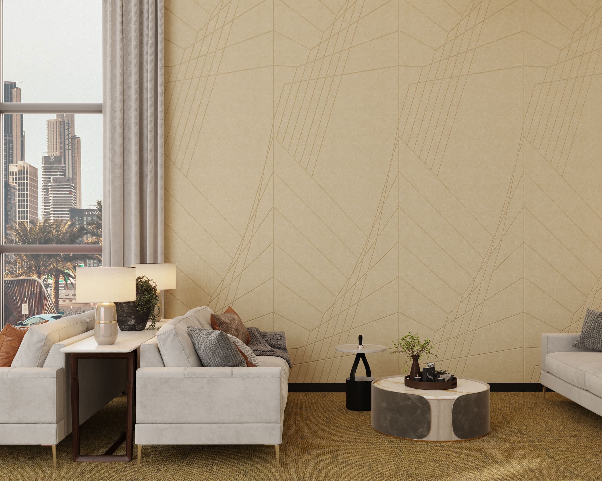 Modern living room with beige geometric acoustic felt wall panels, white two-seater sofas, and a round coffee table in the center. A large window offers a view of tall city buildings. A side table with a lamp and decorative items, as well as a small plant on the coffee table, are visible.