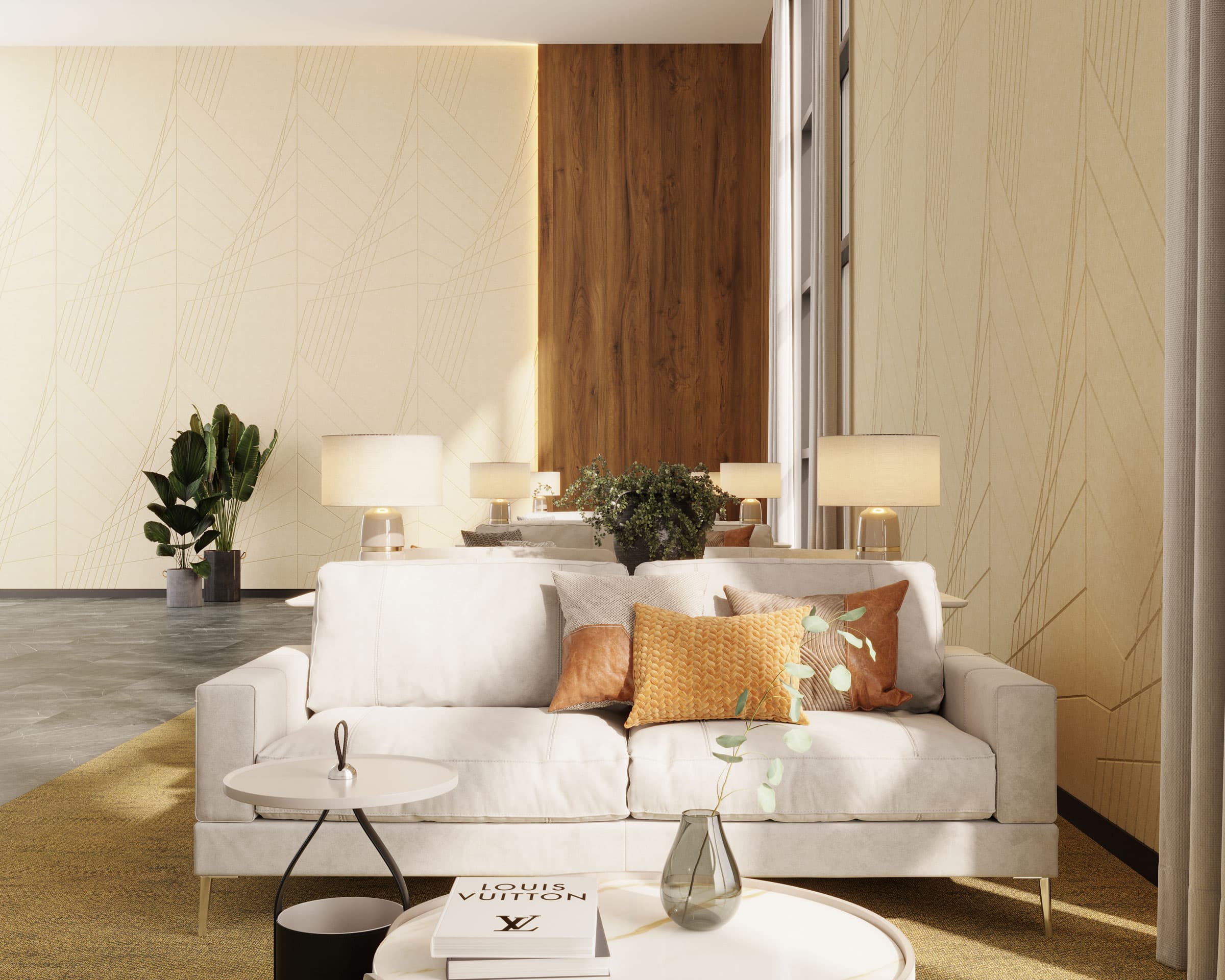 A modern living room featuring a light-colored sofa, adorned with brown and yellow throw pillows, in front of a wooden accent wall with acoustic felt wall panels. A pair of table lamps and potted plants enhance the room's warm and inviting ambiance. A round side table holds books and decor items.