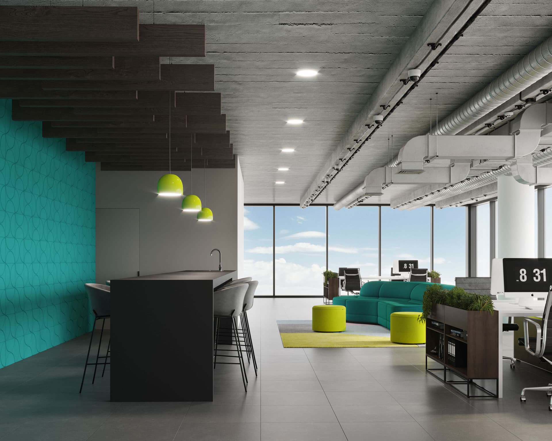 Modern office space with a teal accent wall, black bar counter, black bar stools with white seats, four green pendant lights, a teal sofa with matching poufs, and a large window showing a cloudy sky. The office features grey flooring, exposed ceiling pipes, acoustic felt wall tiles, and a minimalist design.