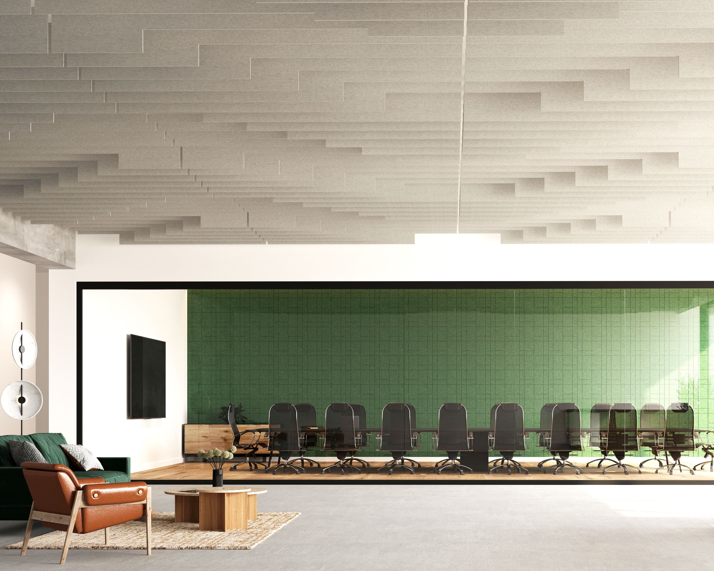 A modern office space featuring a long conference table with black chairs against a green textured wall. In the foreground, there's a seating area with a brown leather chair, green sofa, and a small wooden coffee table. The ceiling boasts acoustic felt ceiling baffles in a geometric design.