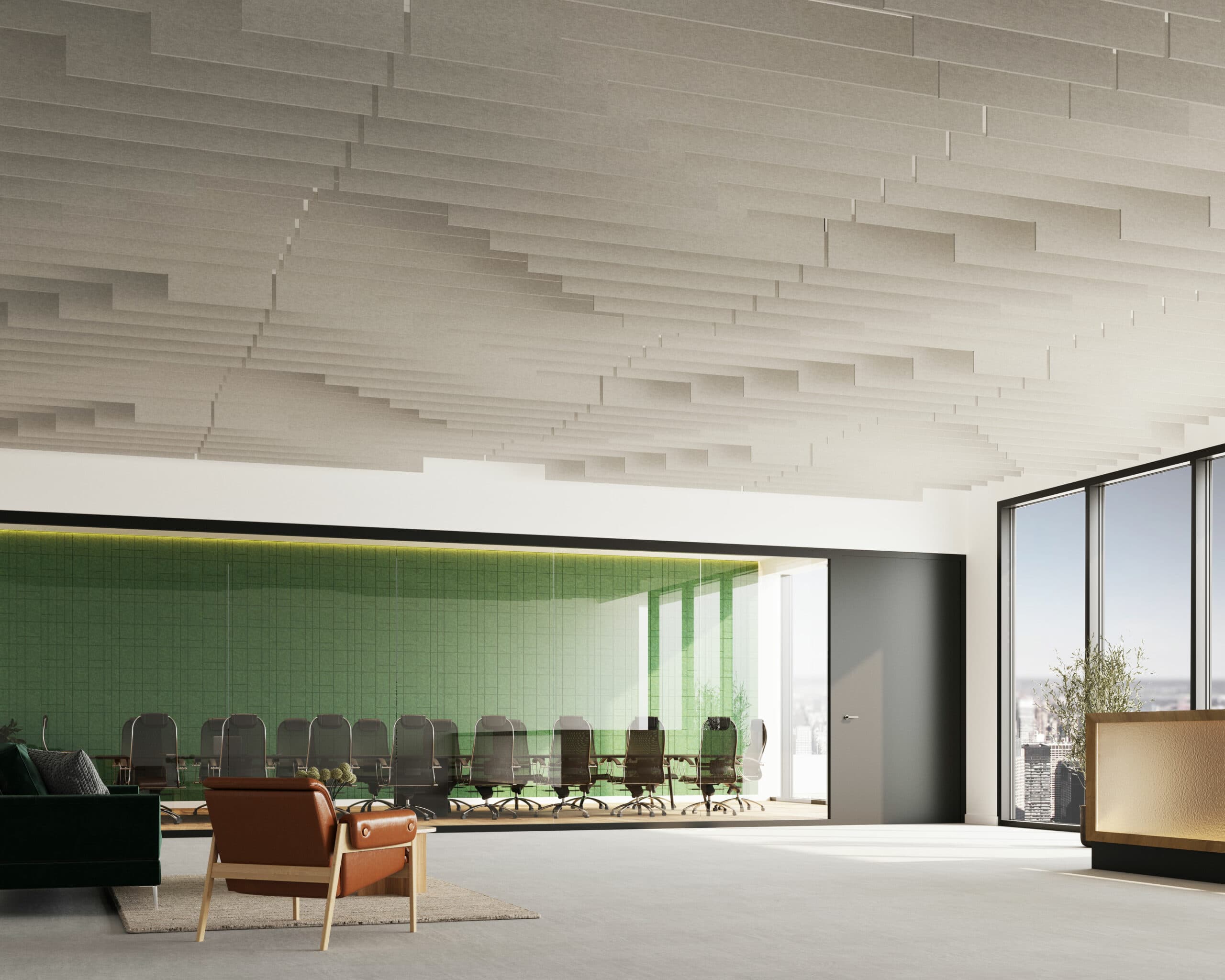 Modern office interior with a large conference room. The conference room has a long glass wall with several chairs around the meeting table. The open area in the foreground has a brown armchair on a rug, and a sofa. Acoustic felt ceiling baffles add a geometric touch.