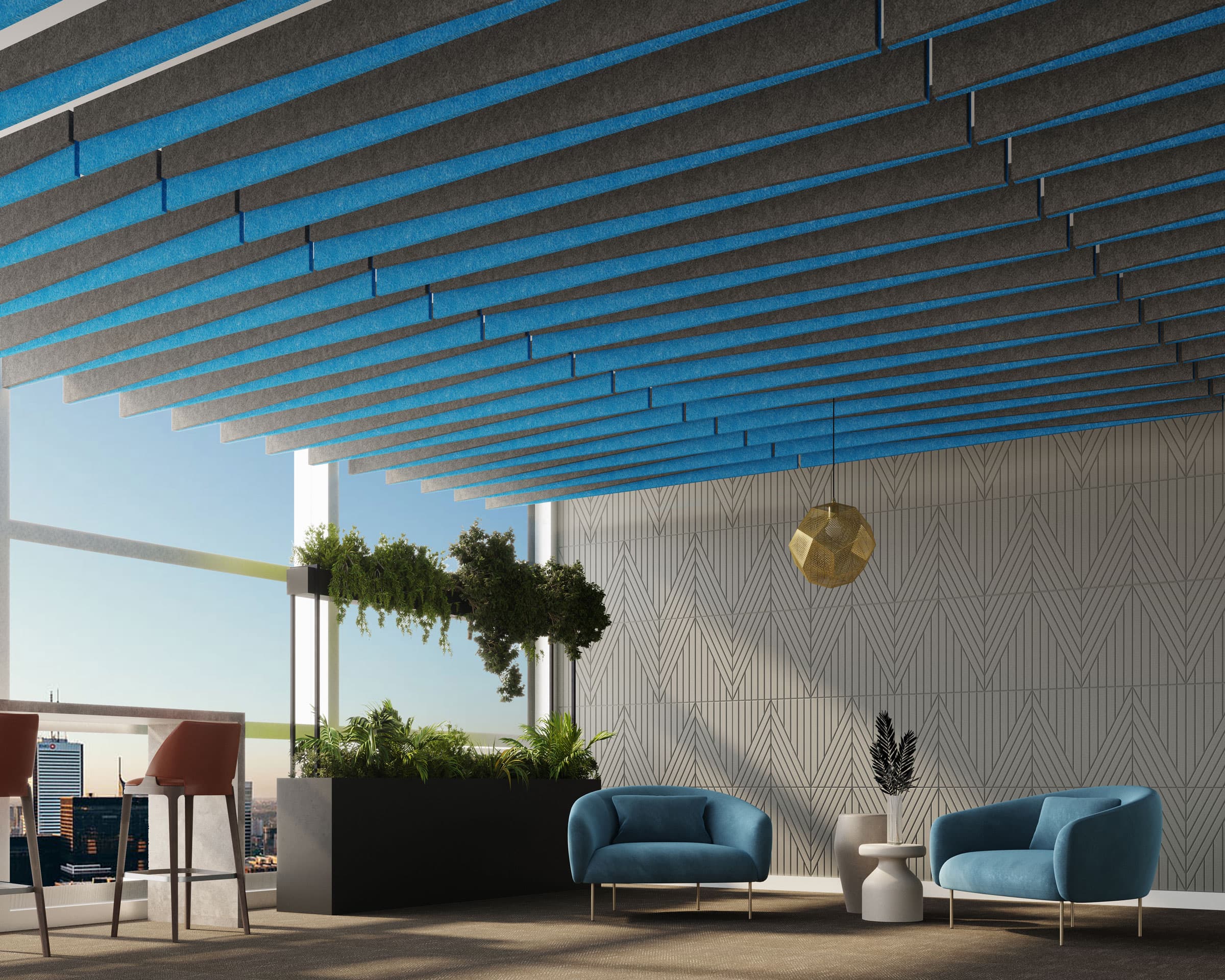 Modern office lounge with geometric-patterned gray walls, an acoustic felt ceiling baffle in blue, and large windows with city views. Features two blue armchairs, a small white side table, a hanging gold light fixture, and an indoor planter with greenery.