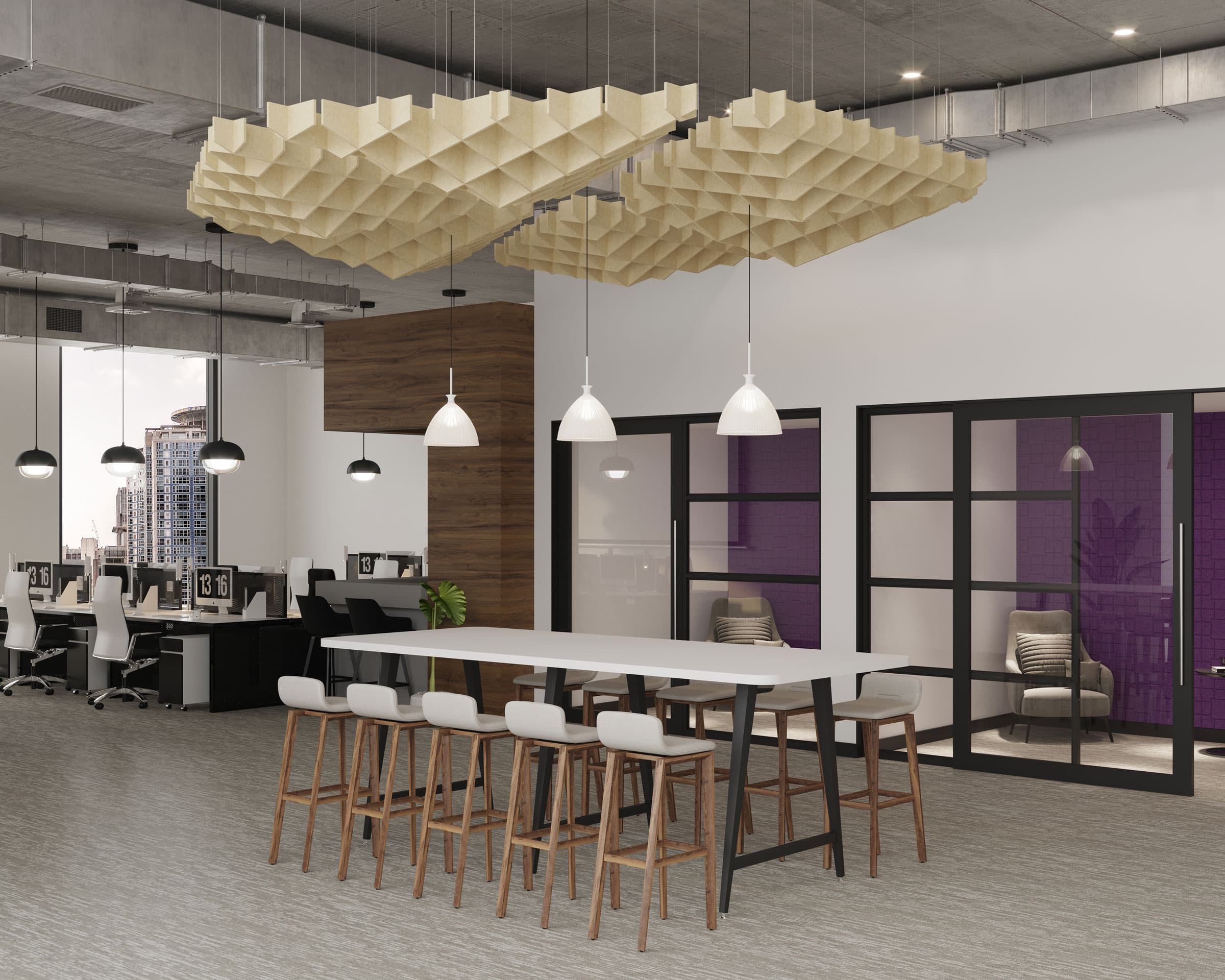 Modern office space with a high table and six stools in the foreground. In the background, there are workstations with chairs and computers. The ceiling features an acoustic felt ceiling cloud, and purple glass partitions separate a meeting room or private area.