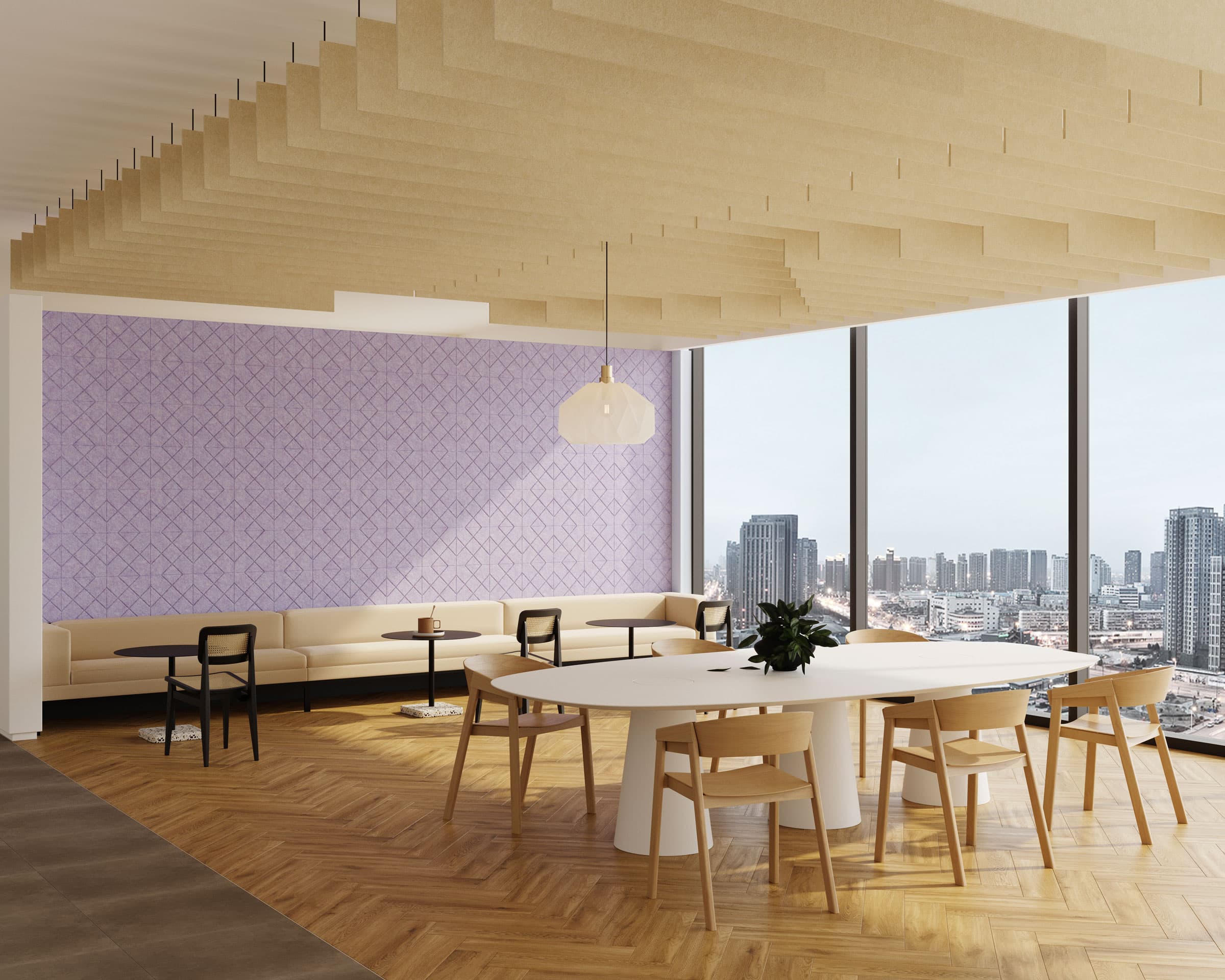 A modern lounge area with a panoramic city view. The space features a large window, light purple textured wall, cushioned beige seating with black chairs, a central oval table with wooden chairs, and a unique layered ceiling design incorporating acoustic felt ceiling baffles. A pendant light hangs above the table.