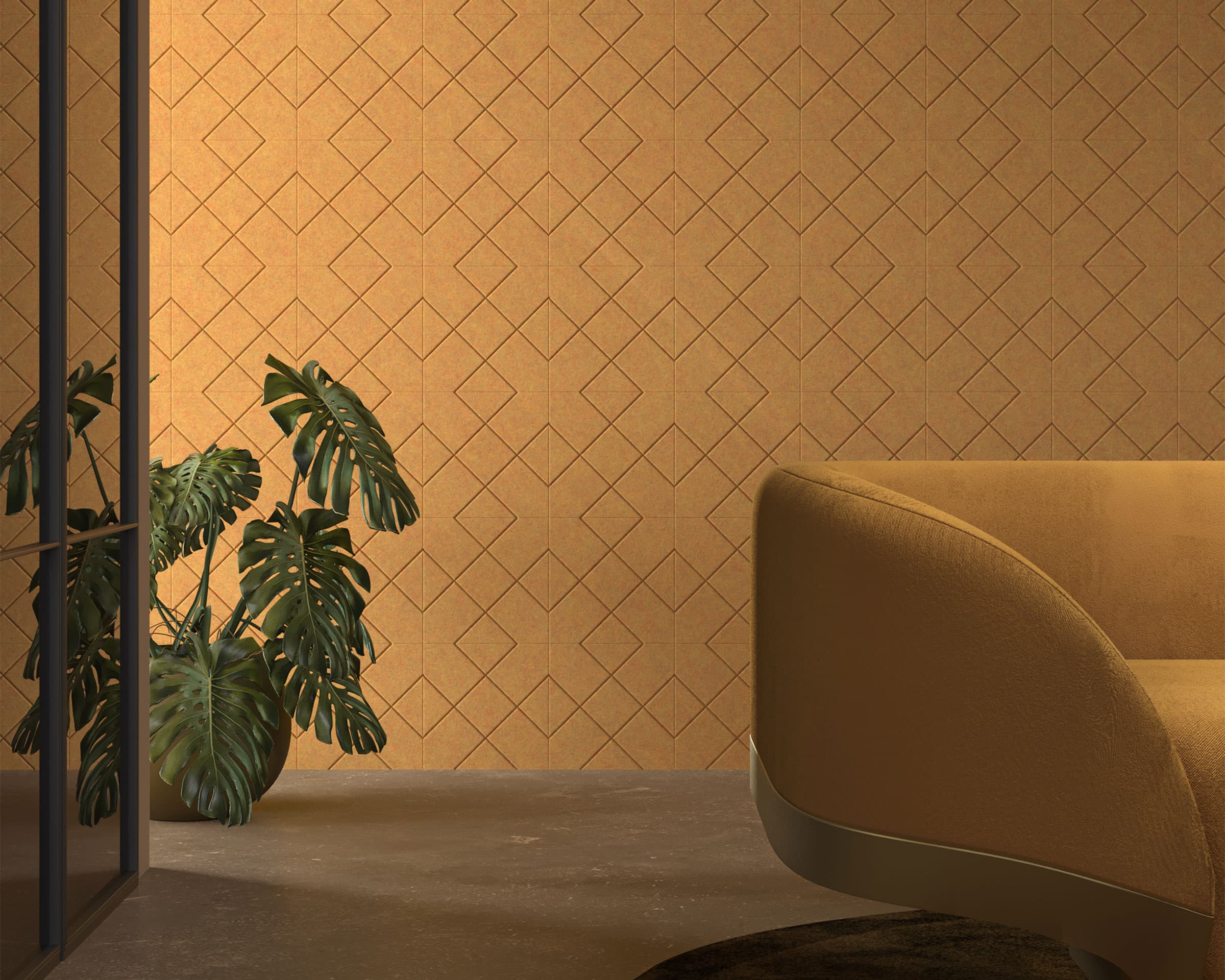 A modern, minimalist interior features a mustard-yellow curved sofa and a matching geometric-patterned wall. A large green monstera plant sits in a corner by a black-framed glass wall with acoustic felt wall tiles, creating a stylish contrast to the room’s earthy tones.