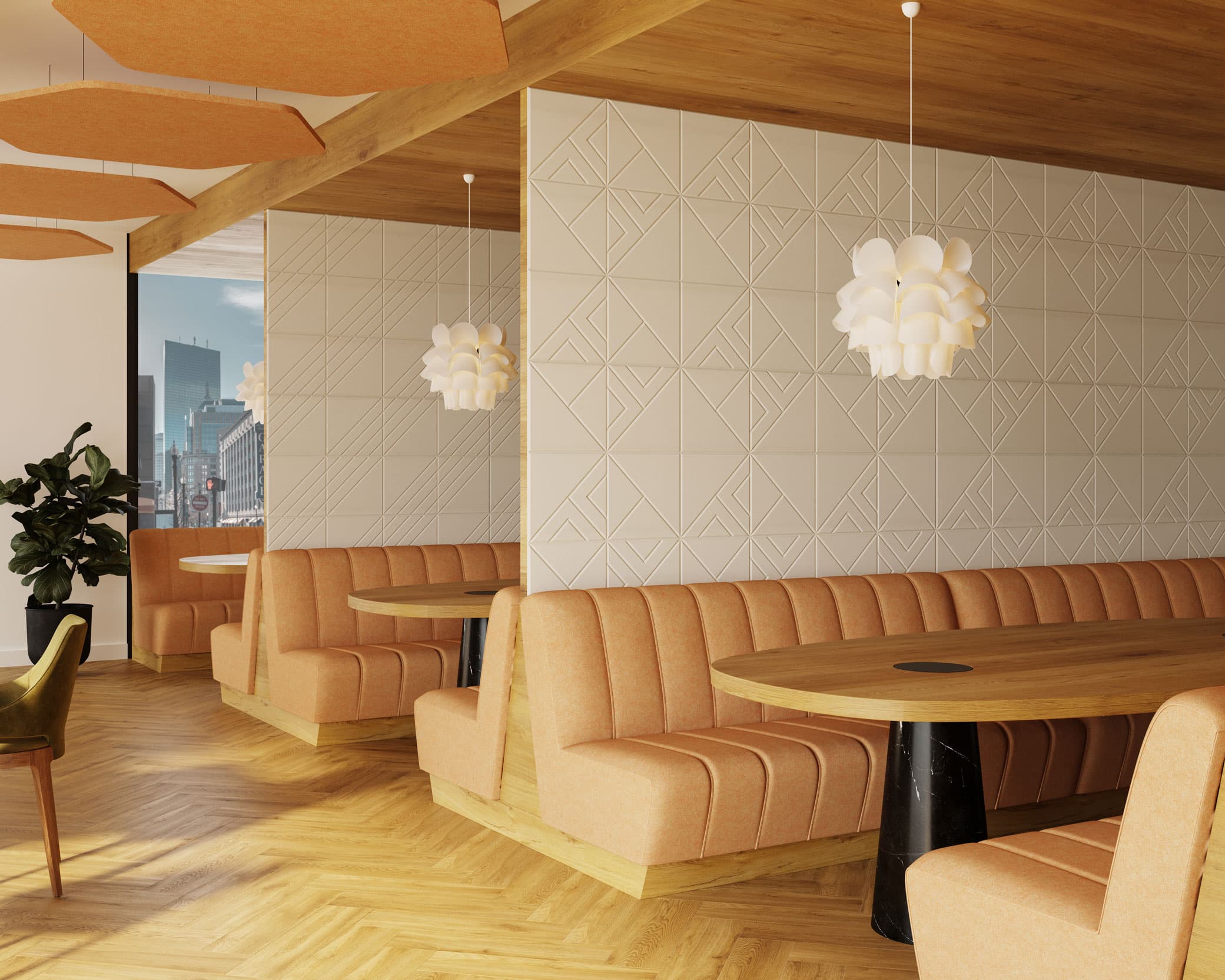 A modern, stylish interior features peach-colored booth seating along a patterned wall adorned with acoustic felt wall tiles, wooden tables with dark bases, and pendant lights with white, petal-like designs. Large windows offer a view of a cityscape, while a potted plant adds greenery to the space.