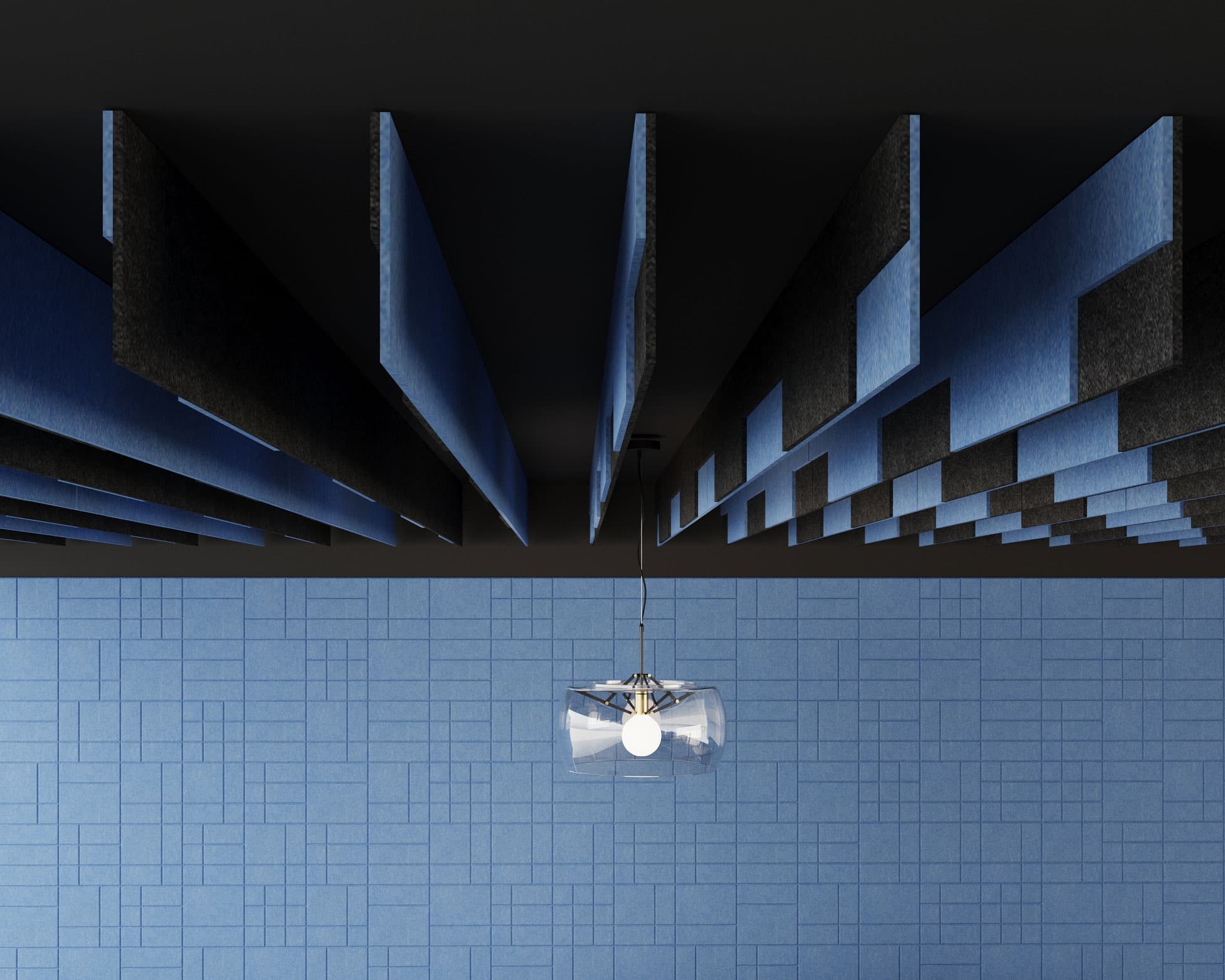 A modern interior featuring a blue wall with a geometric pattern and acoustic felt ceiling baffles in blue and gray, creating a visually striking design. The contemporary light fixture with a transparent shade and single bulb complements the acoustic felt ceiling baffles for enhanced sound quality.