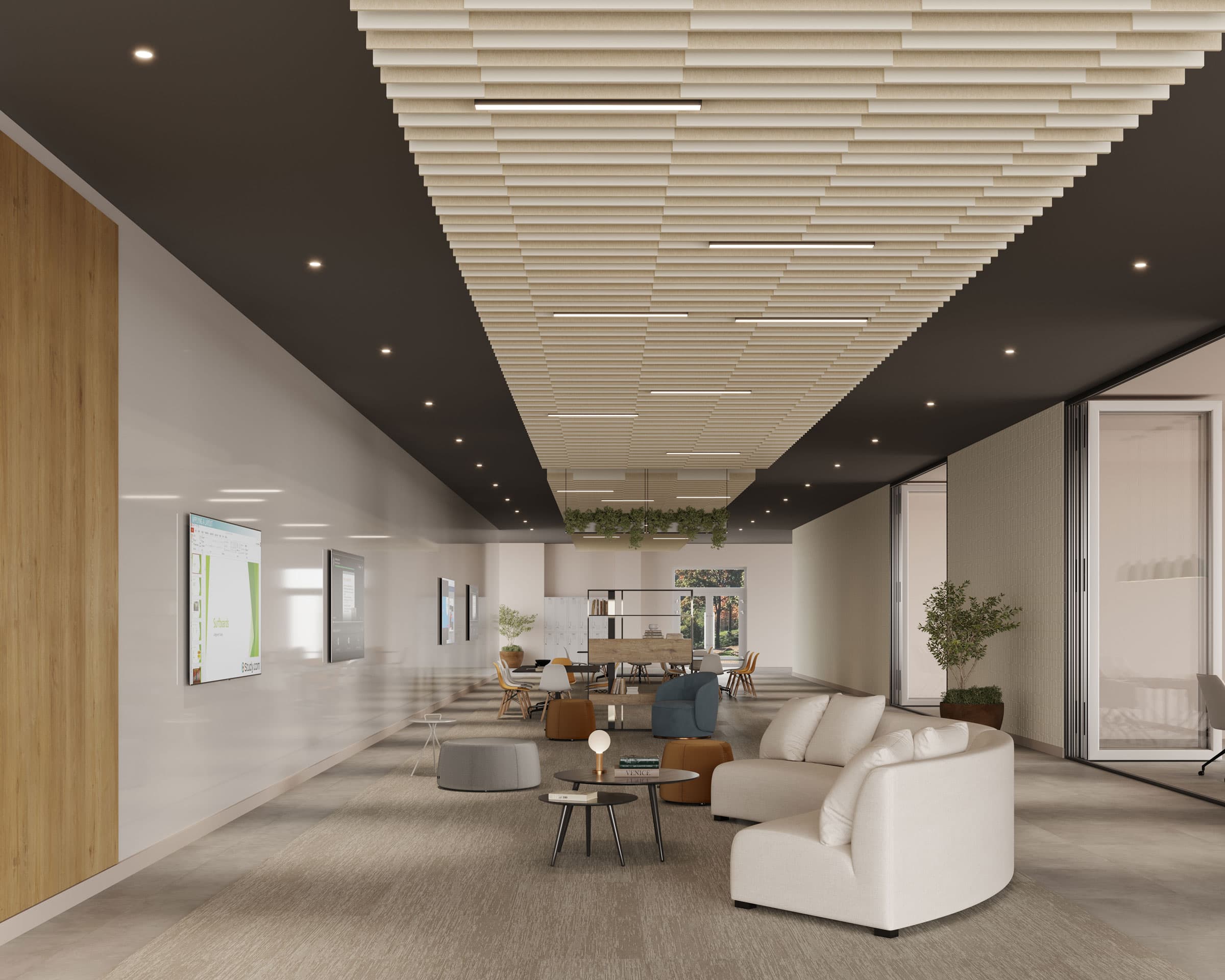 Modern office lounge area with white walls and ceiling featuring acoustic felt ceiling baffles. The space has cozy seating, including white armchairs and colorful poufs, a wooden table, and indoor plants. Large windows allow natural light to fill the room.