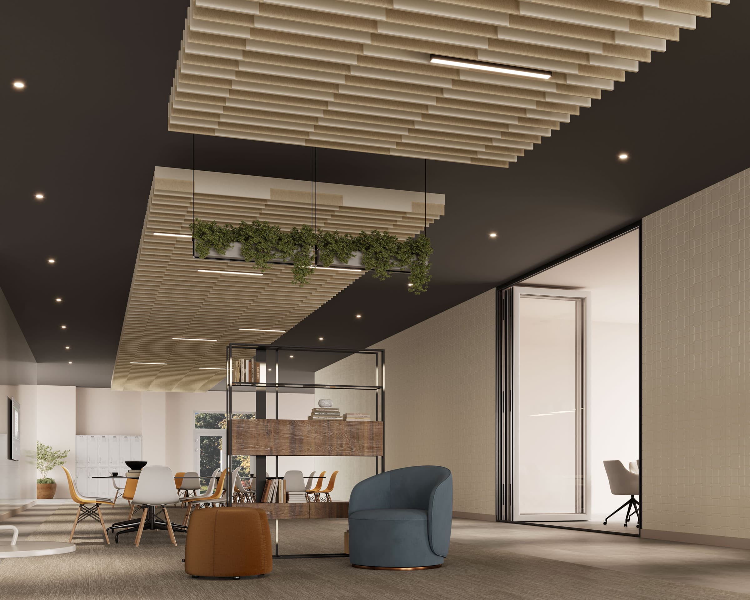 Modern office interior featuring an open-plan layout with a mix of lounge and work seating. The ceiling boasts geometric acoustic felt ceiling baffles with integrated lighting. A partition with shelves and greenery divides the space. Natural light floods in from a large window.