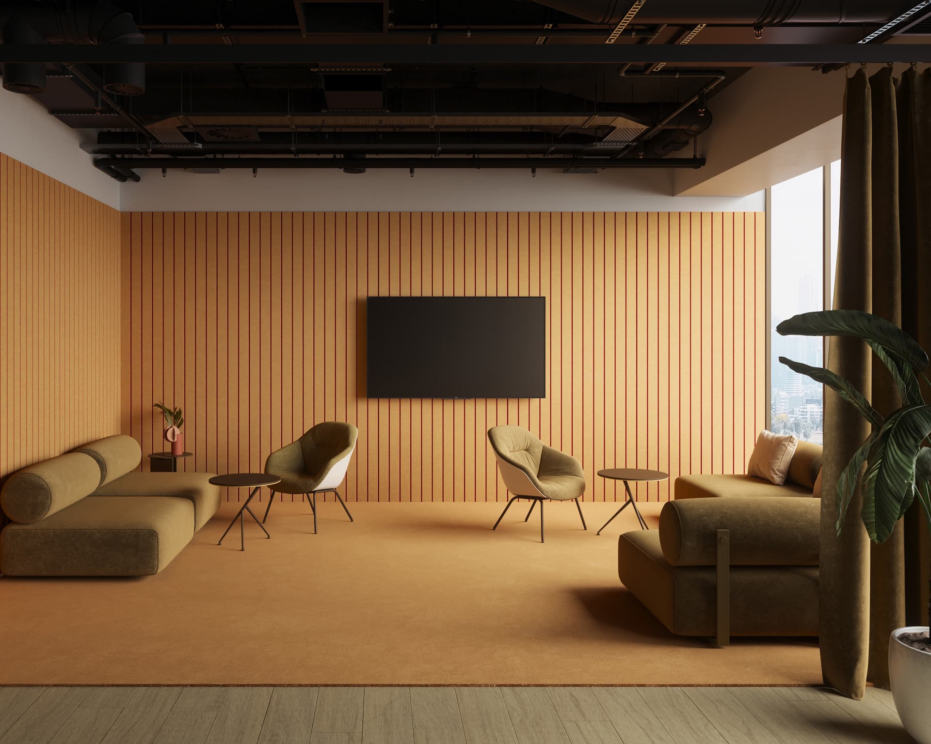 A modern conference room with acoustic felt wall panels, featuring a large flat-screen TV. The room is furnished with olive-green sofas, chairs, side tables, a potted plant, and a floor-to-ceiling window showcasing a cityscape view.