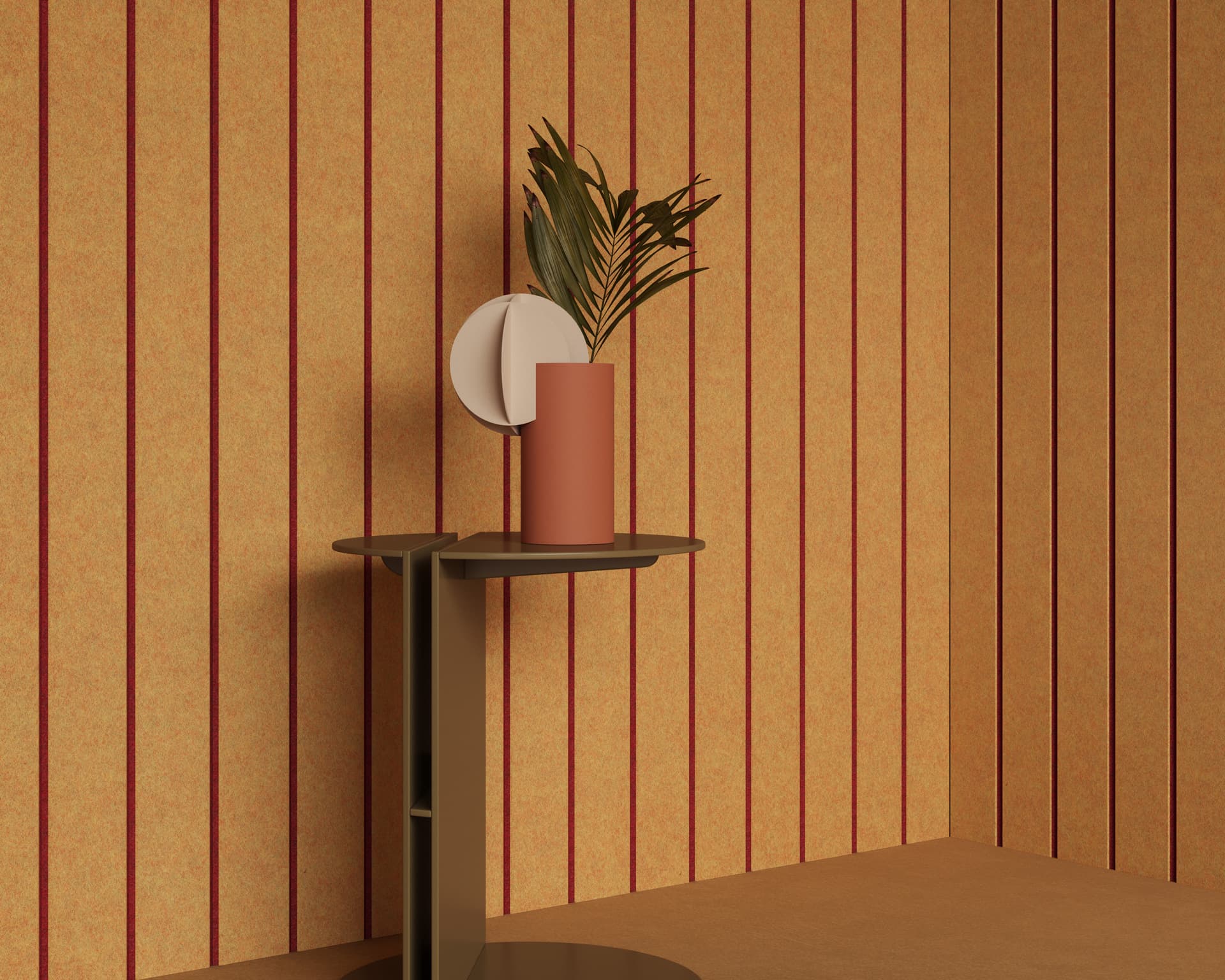 A minimalist interior scene featuring a small, dark brown table with a round base and a single leg. On the table sits a cylindrical, terracotta-colored vase with leafy green branches. The walls are covered with vertical orange and red striped acoustic felt wall panels.