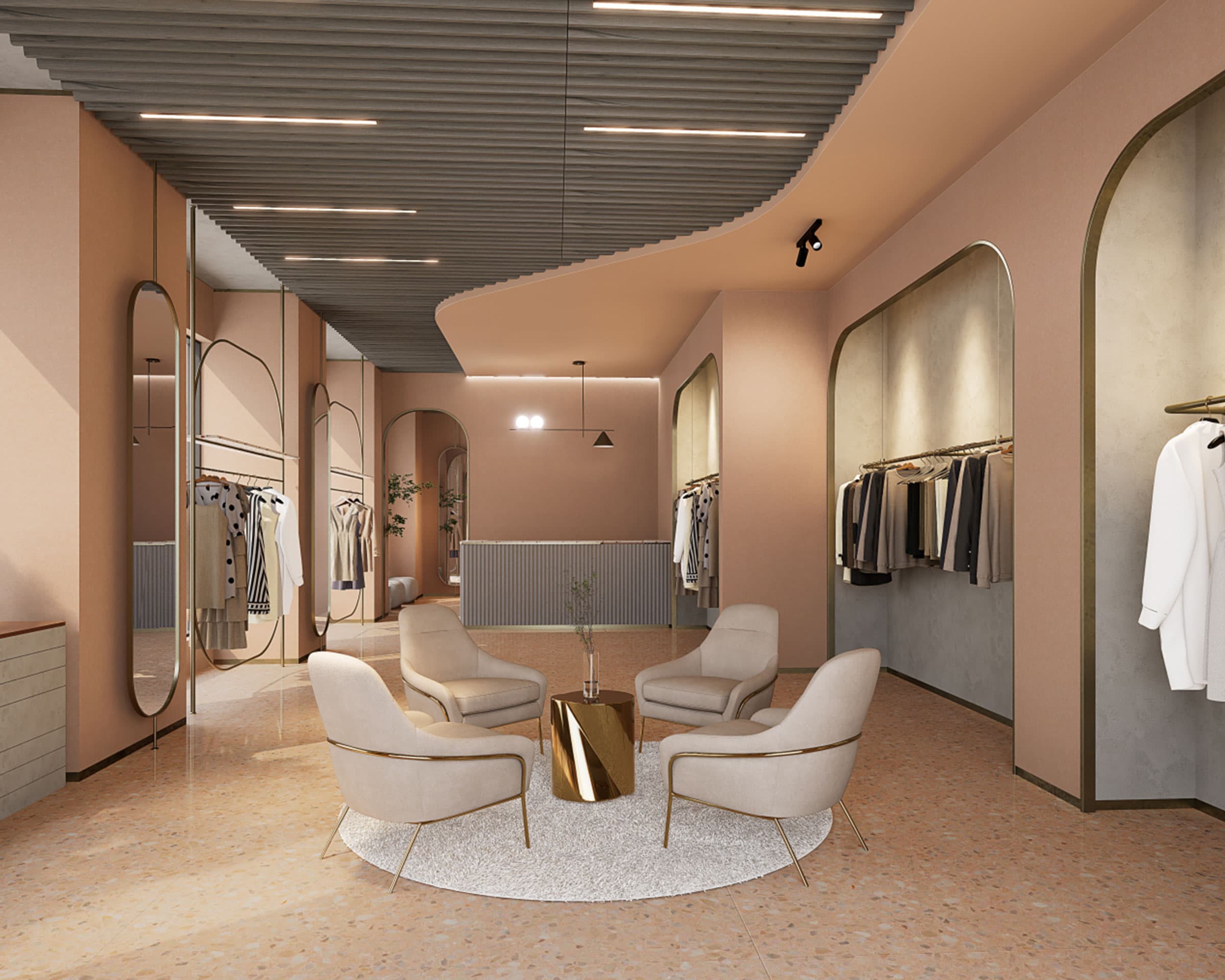 A modern boutique features neutral-toned acoustic felt wall panels adorned with curved mirrors, and a softly lit ceiling. Four beige armchairs encircle a glass-topped coffee table in the center. Garments hang neatly on racks along the walls, adding a touch of elegance to the sophisticated space.