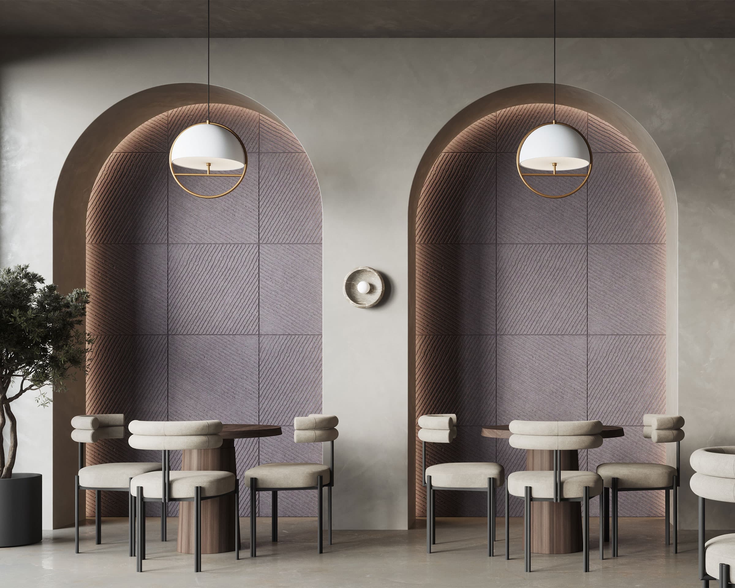 Modern, minimalistic café with two arched alcoves featuring purple textured acoustic felt wall tiles. Each alcove has a round table with light grey upholstered chairs. Hanging pendant lights illuminate the space, and a small circular wall fixture is centered between the alcoves.