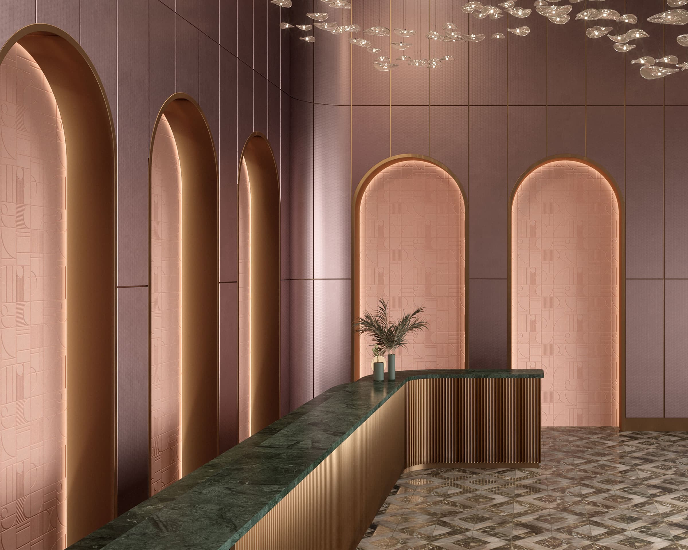 A modern, elegantly designed hall with tall arched windows and a high ceiling. The walls feature acoustic felt wall tiles in pink and rose gold tones with intricate, delicate patterns. A green marble reception desk is placed at the front, and a chandelier with spherical lights hangs overhead.