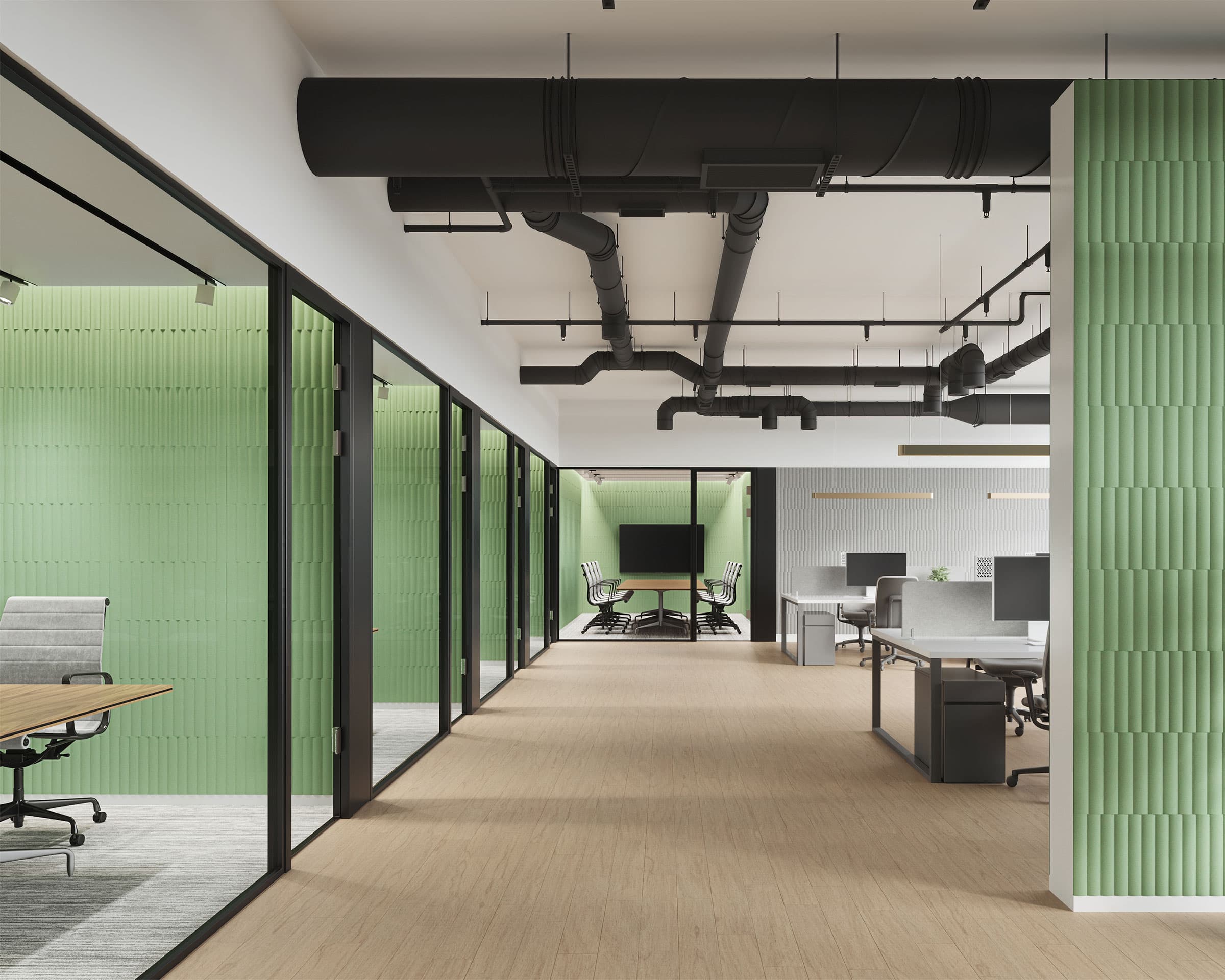 A modern office space with glass partitions and light wood flooring enhanced by light green patterned acoustic felt wall tiles. The ceiling features exposed black ductwork. Several desks and chairs are arranged in the open area, and a conference room with a large screen is visible at the end of the hallway.