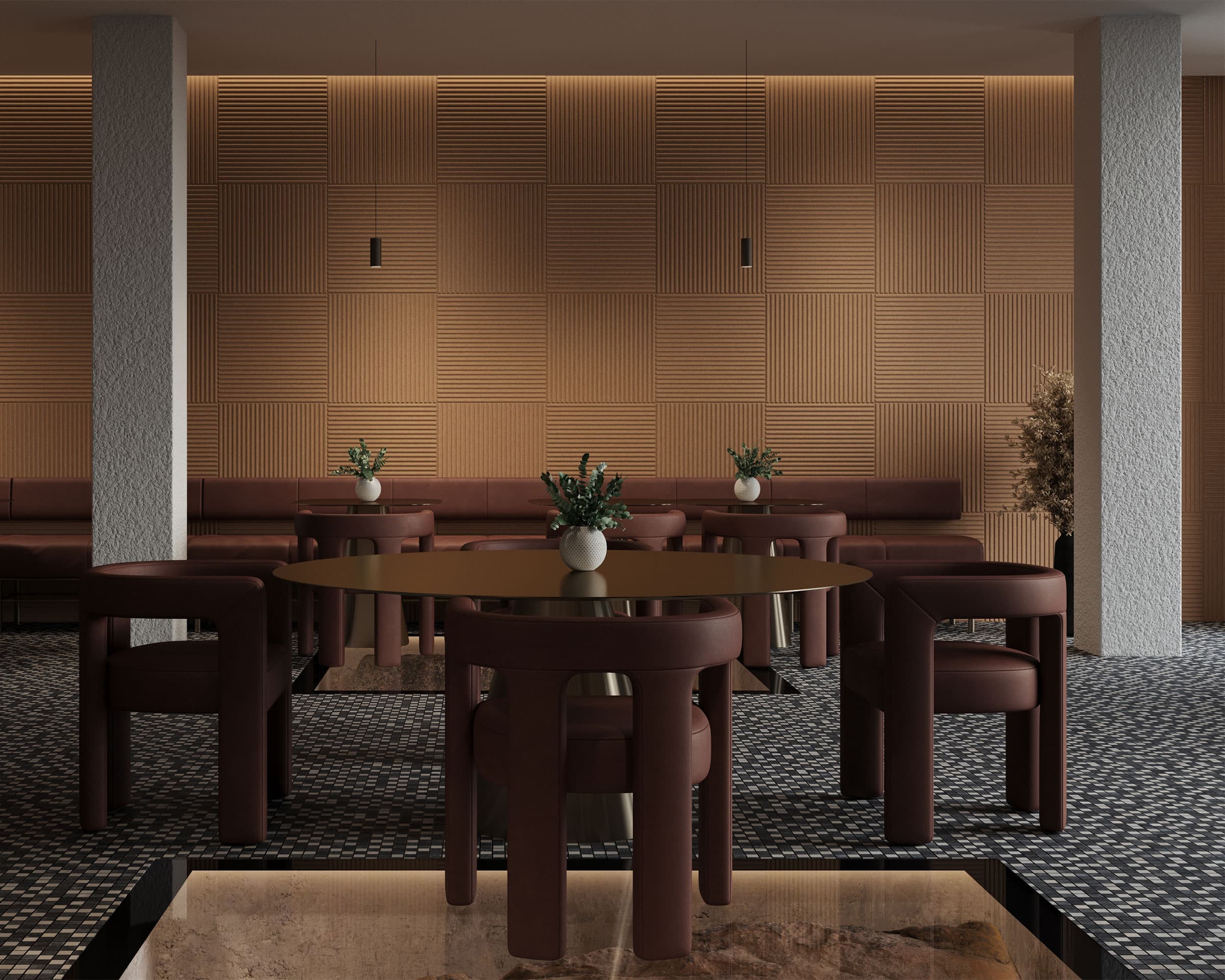 A modern dining area features a round table with brown, cushioned chairs. The background displays textured, acoustic felt wall tiles in geometric patterns. The floor has a mosaic tile design with black and white tiles. Ornamental plants in vases adorn the tables.