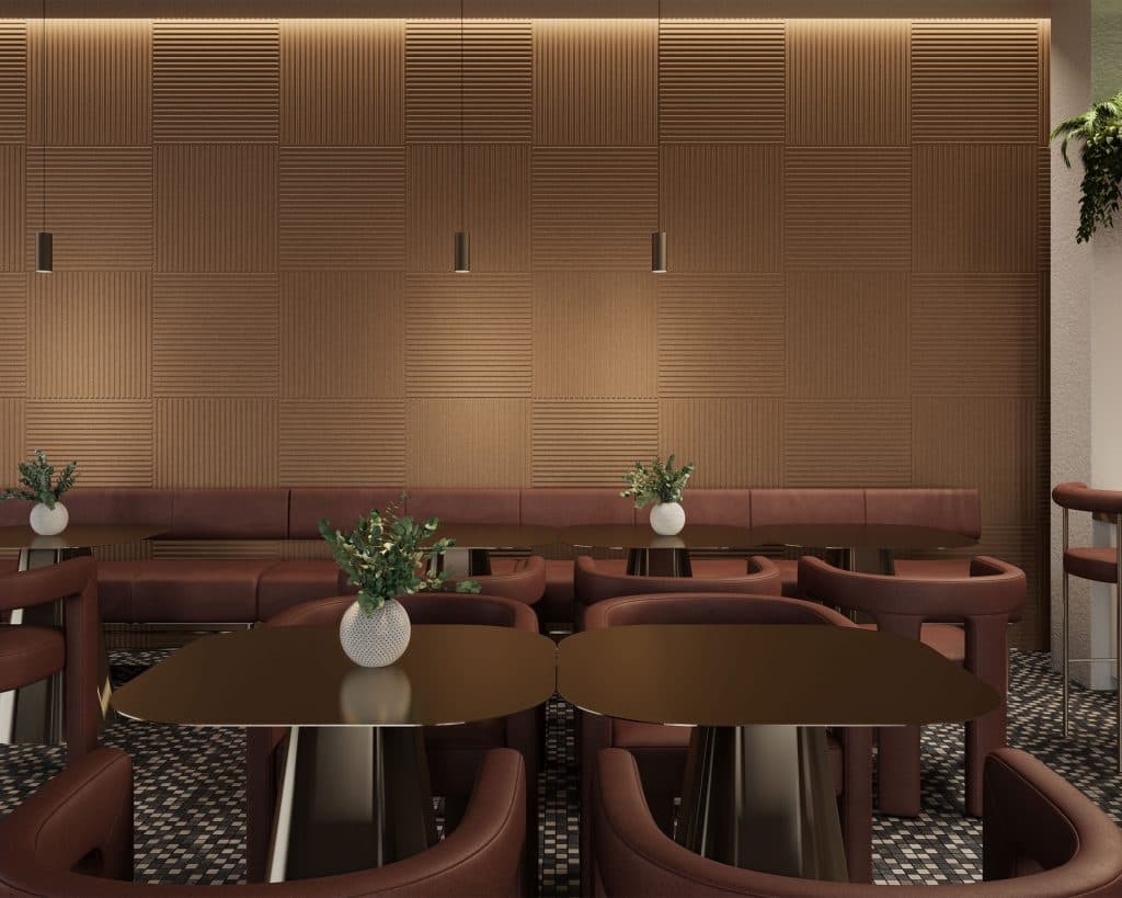 A modern, stylish interior with patterned acoustic felt wall tiles, brown leather seating, and dark brown tables. Each table is adorned with a vase of greenery. The space has a warm, inviting ambiance with subdued lighting, and patterned floors enhancing the serene atmosphere.