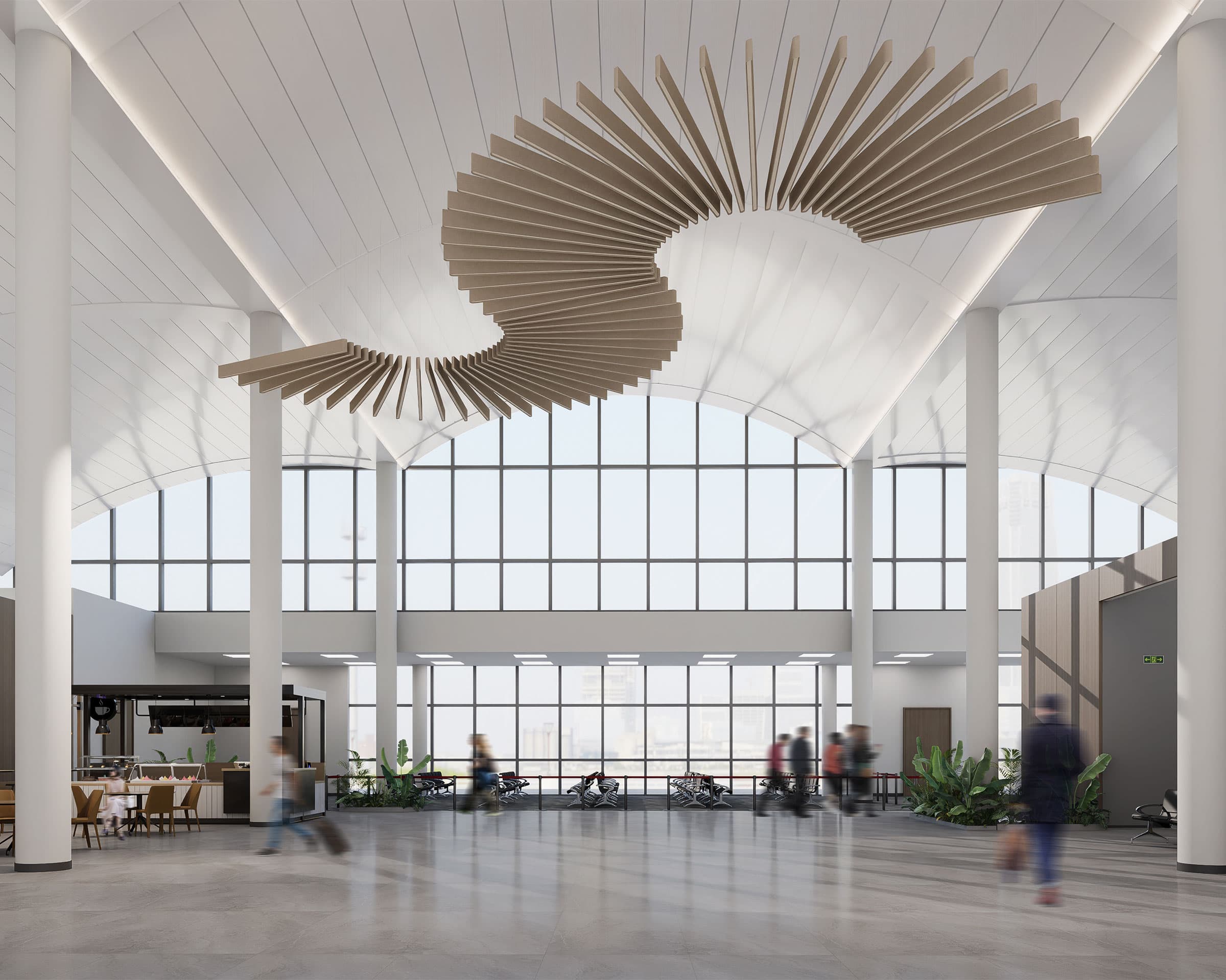 A modern, spacious lobby with high ceilings and large windows, featuring a unique, swirling acoustic felt baffle installation hanging from the ceiling. Several people are walking or standing around. The lobby includes a seating area with chairs and tables, and some plants, adding to the ambiance.