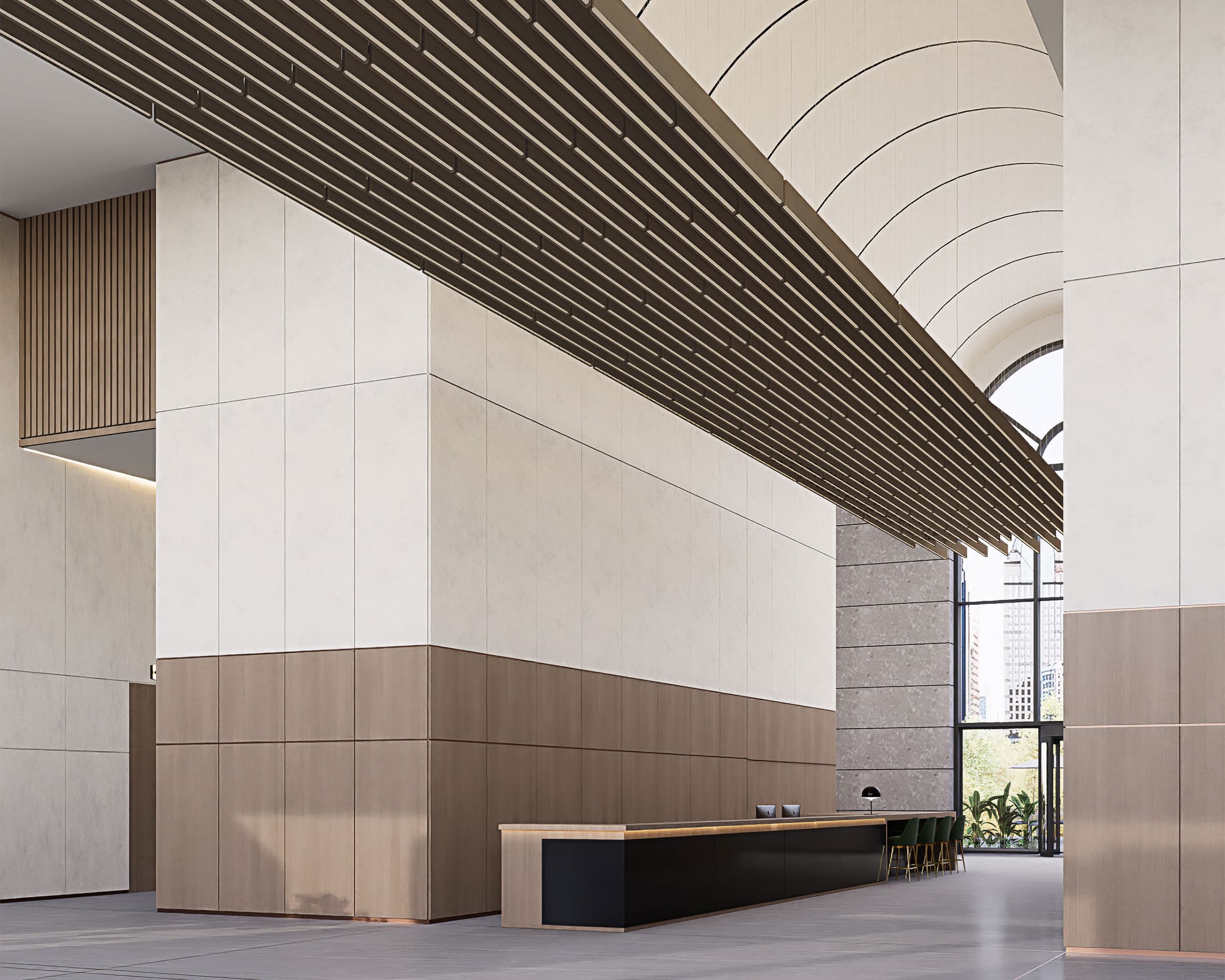 A spacious, modern lobby with beige and wood panel walls, a long black and wood reception desk, and a high arched ceiling accented by sway acoustic ceiling baffles. Large windows at the back offer a view of the cityscape. Several chairs are arranged near the windows.