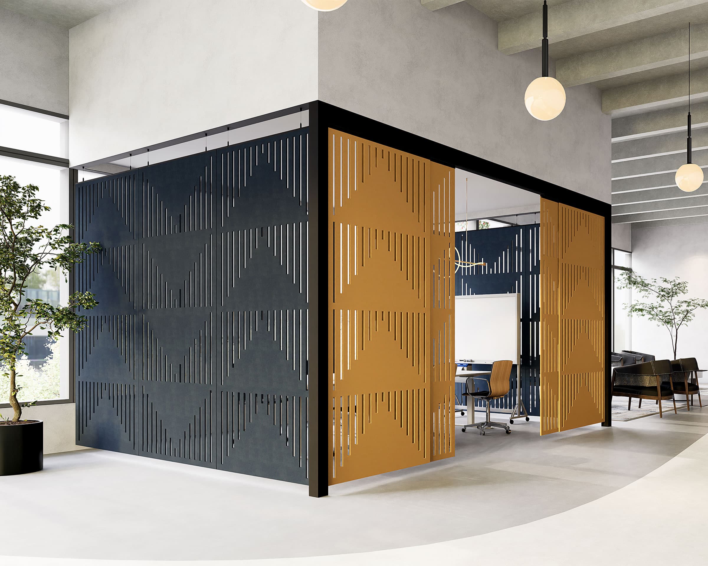 A modern office space with a glass-walled meeting room featuring decorative geometric acoustic felt screens in black and gold. The room is furnished with chairs and a table, while the acoustic felt screens ensure privacy. Large windows allow natural light to flood the area, and potted plants are placed near the office partitions.