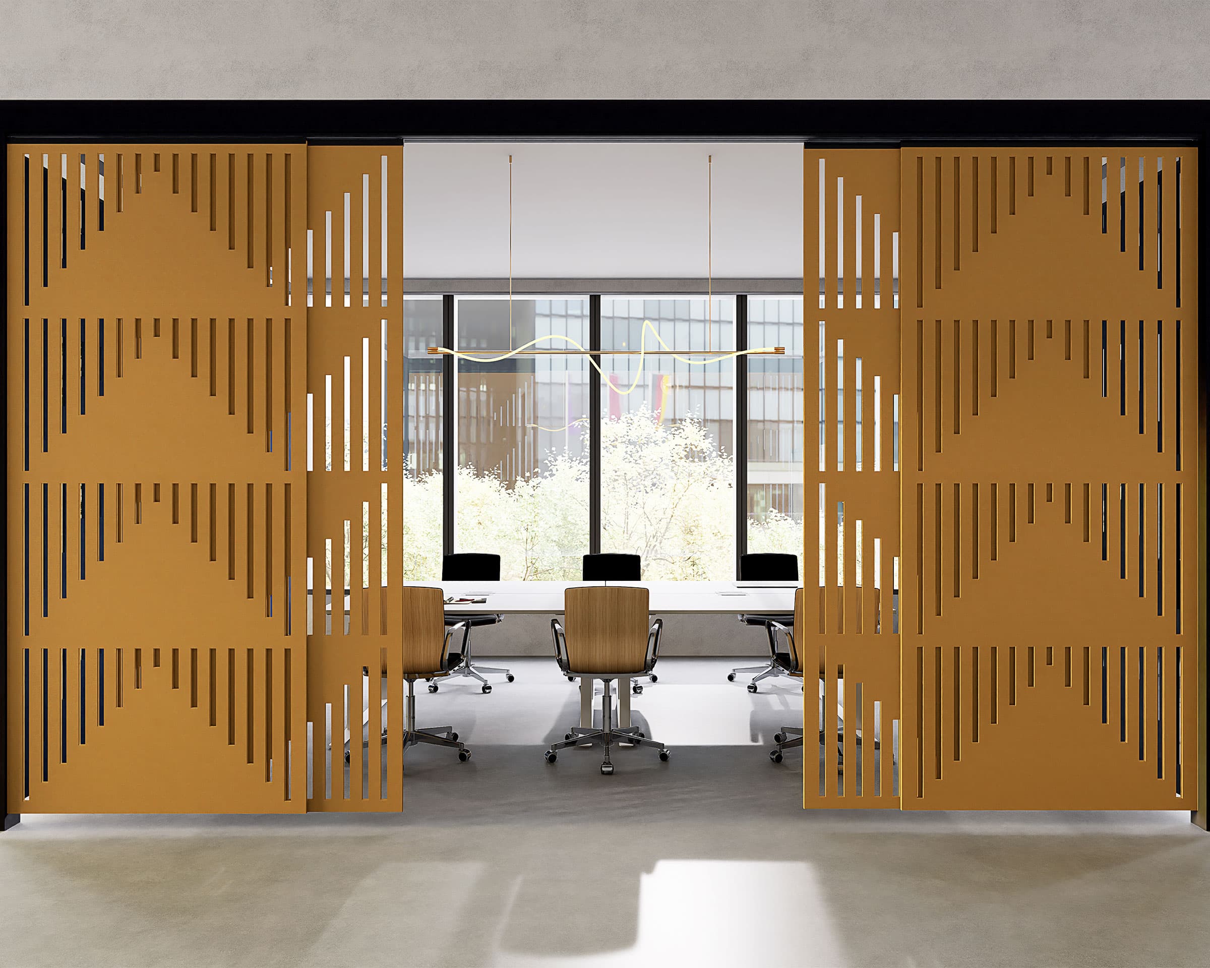 A modern office with a floor-to-ceiling acoustic felt screens featuring geometric cut-outs. The workspace has multiple chairs and desks facing large windows that let in natural light. Neutral colors dominate the decor, adding to the minimalist and contemporary feel.