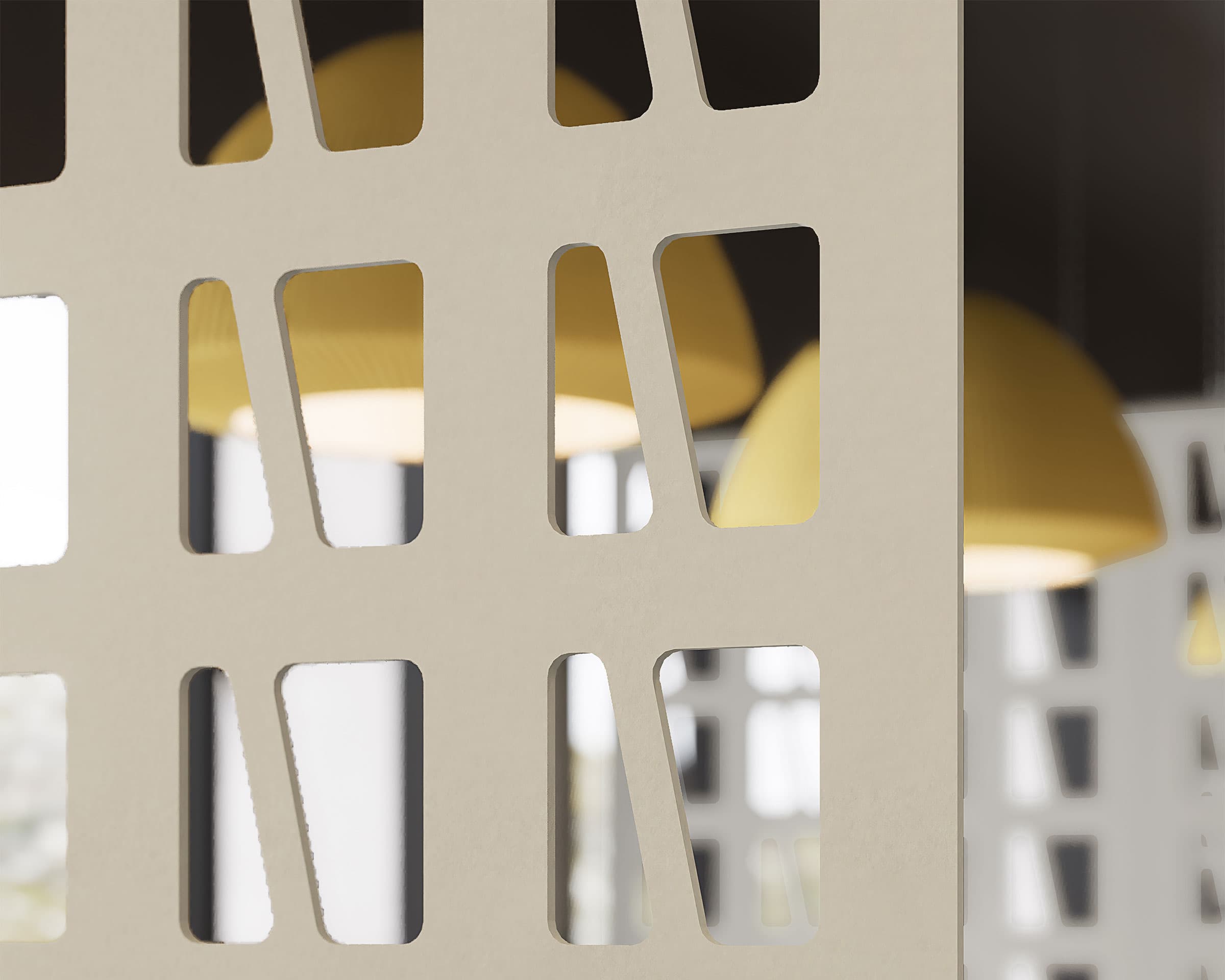 A close-up of a beige acoustic felt screen with various cut-out geometric shapes. Through the cut-outs, the blurred image of yellow pendant lights can be seen, creating an abstract and modern visual composition.