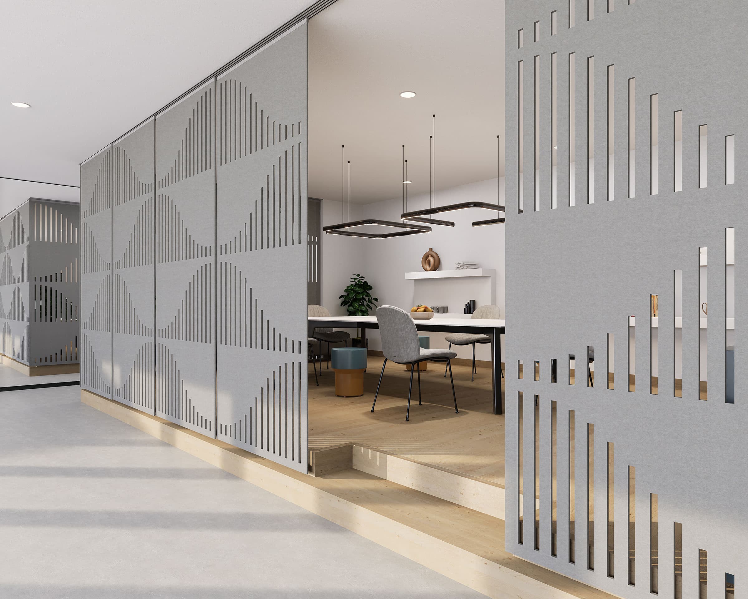 Minimalist office space with large, sliding, geometric-patterned dividers featuring diagonal cutouts on acoustic felt screens. Inside, a modern conference table with several chairs is visible. The room's decor includes hanging lights, a bookshelf, and a potted plant.