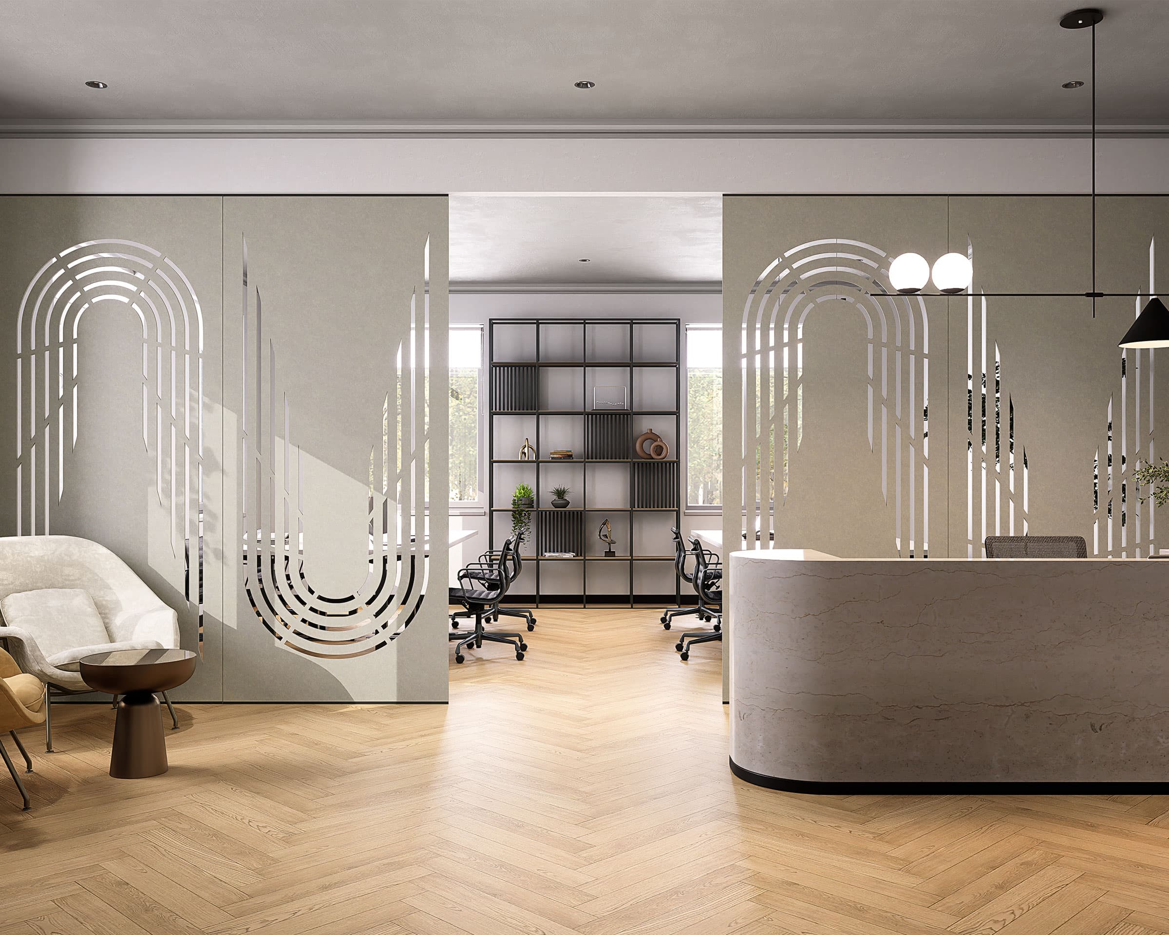 A modern office lobby with light wood flooring, and a curved reception desk. An acoustic felt screen subtly separates the open workspace in the background, which boasts a bookshelf and task chairs. The space is well-lit with natural light through large windows.