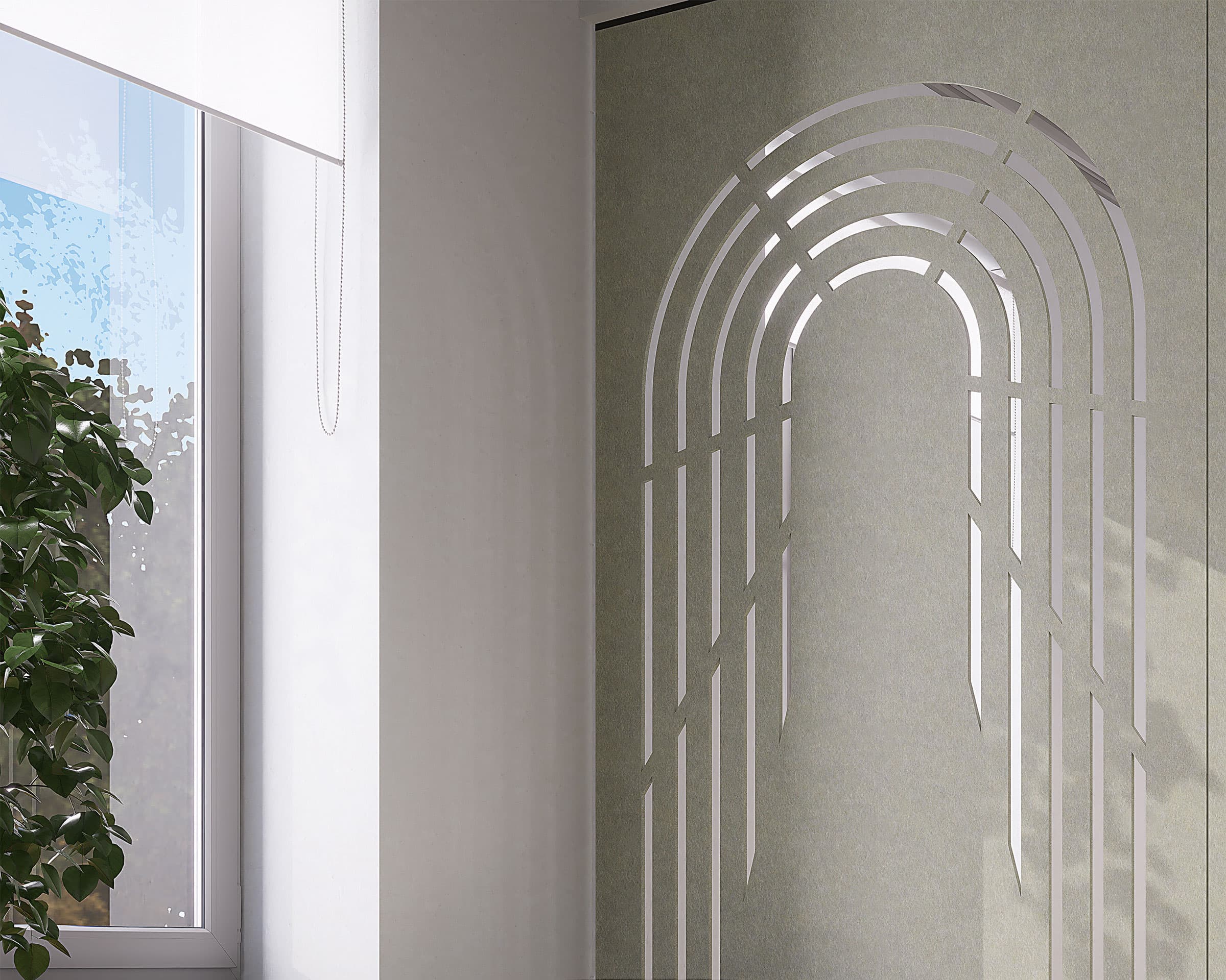 A minimalist room features a large window with a white roller blind partially rolled up, allowing natural light to enter. A potted plant sits next to the window, and an abstract, geometric acoustic felt screen with arched cutouts decorates one wall.