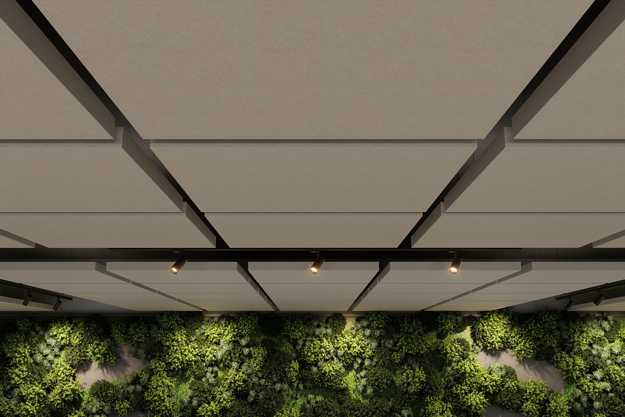 Aerial view of a green wall installation below a series of parallel, rectangular acoustic felt ceiling clouds. The greenery consists of dense shrubs and plants, creating a lush, natural look. Track lighting along the edge illuminates the display.