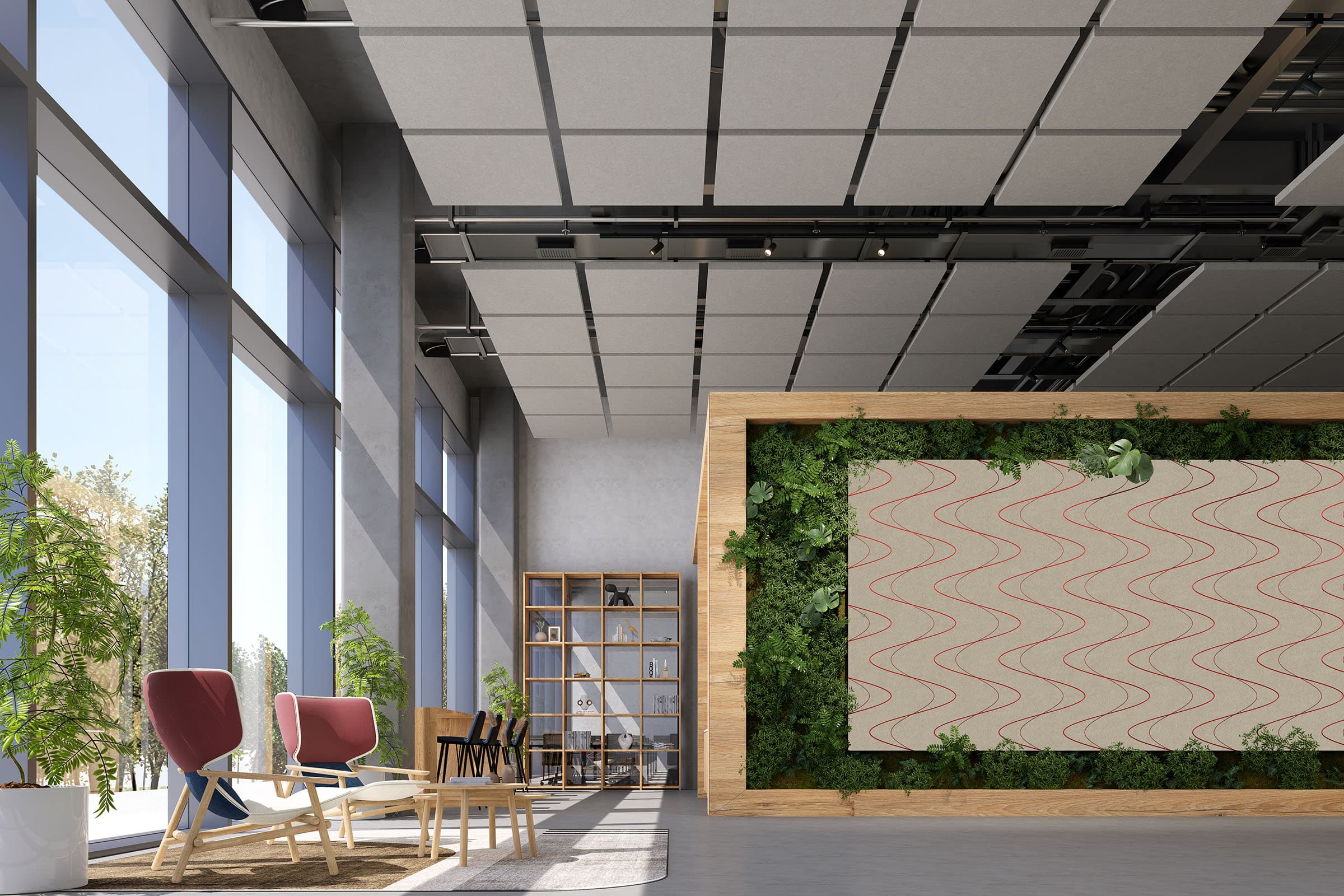 Modern office space with large windows allowing natural light, plants for a touch of greenery, and a wooden bookcase. The mix of seating includes red and beige chairs. A large decorative panel with a wavy pattern is featured on the wall, complemented by acoustic felt ceiling clouds for sound management.