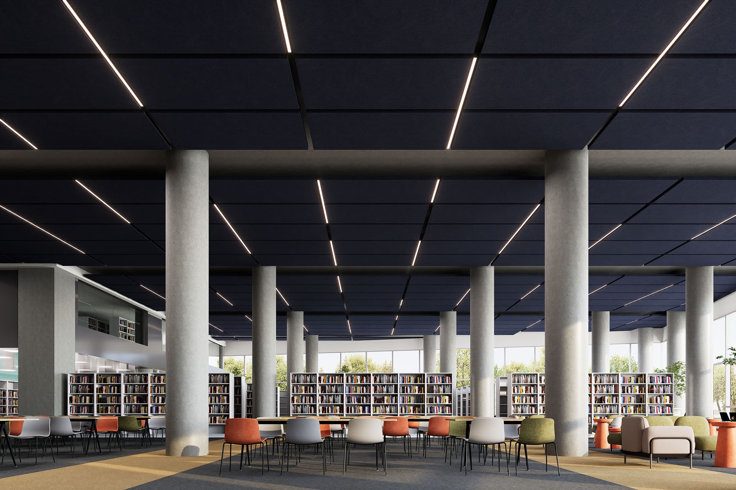 A spacious, modern library room with a high ceiling featuring linear lights and acoustic felt ceiling clouds. It contains several cylindrical concrete columns, rows of bookshelves, and colorful chairs arranged around tables. Large windows allow ample natural light to filter in.