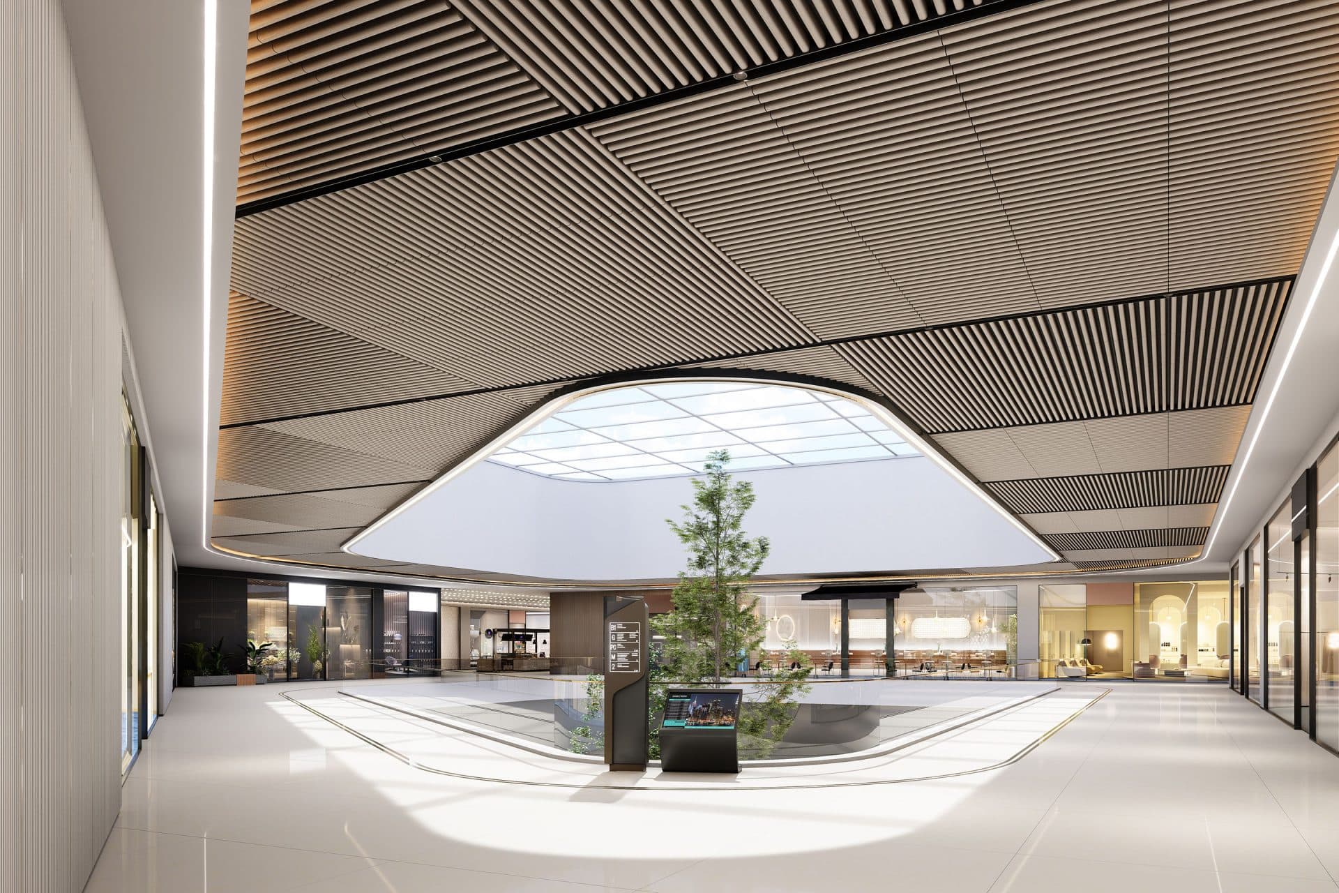 Modern indoor shopping space with sleek, contemporary architecture, featuring a large skylight, woodgrain acoustic felt ceiling, and a central atrium with a tree. Bright natural light illuminates the polished floors and surrounding storefronts in this captivating retreat.