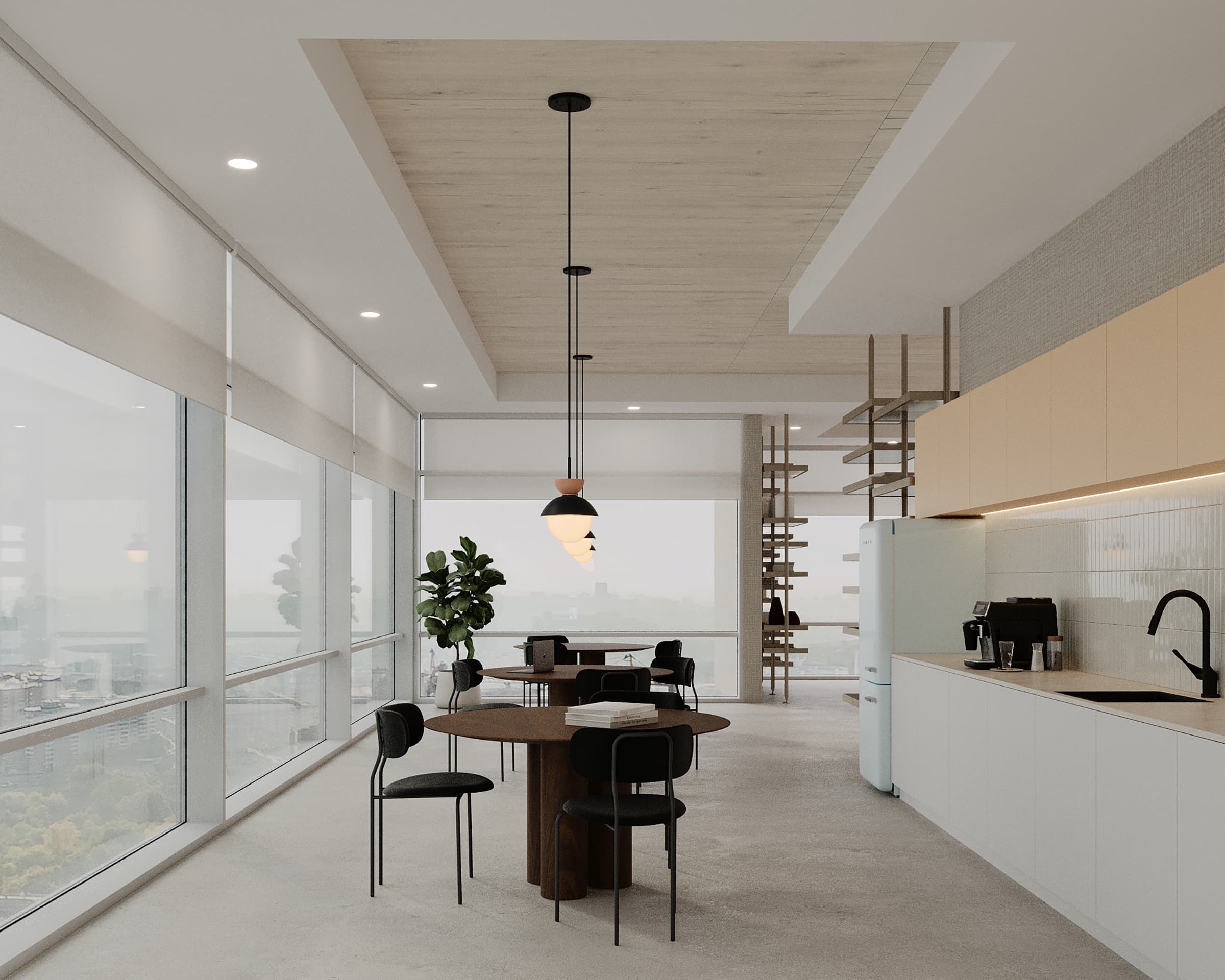 Modern kitchen and dining area with large floor-to-ceiling windows, round wooden dining table, black chairs, pendant lights, white cabinets, black countertop, refrigerator, and a potted plant in the corner. Concealed acoustic felt ceiling panels ensure a quiet space. A spiral staircase is visible in the background.