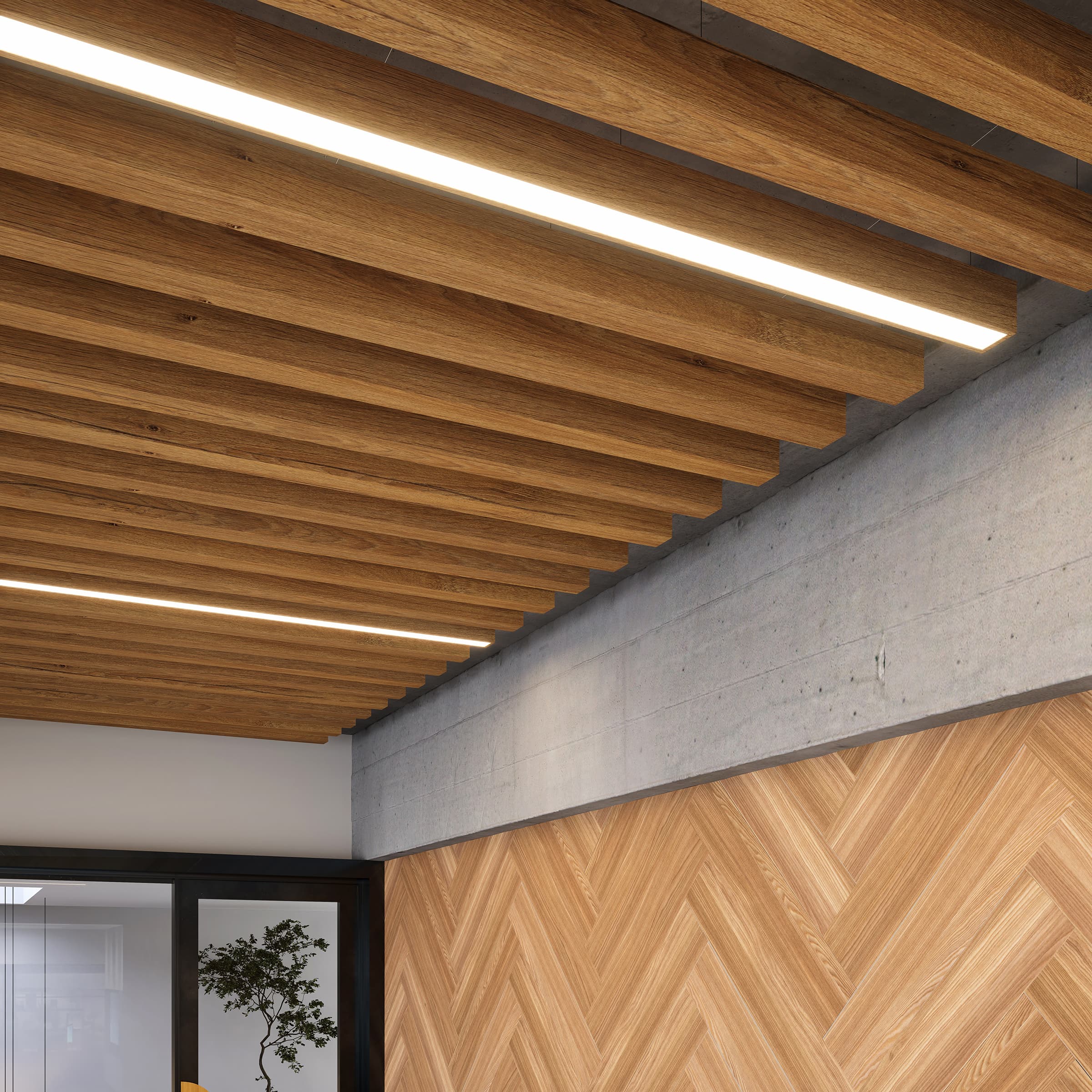 A modern interior space with a ceiling featuring woodgrain ceiling baffles with integrated LED lighting. The wall has a zigzag wooden pattern, and in the background, there is a glass partition that reveals a plant in another room.