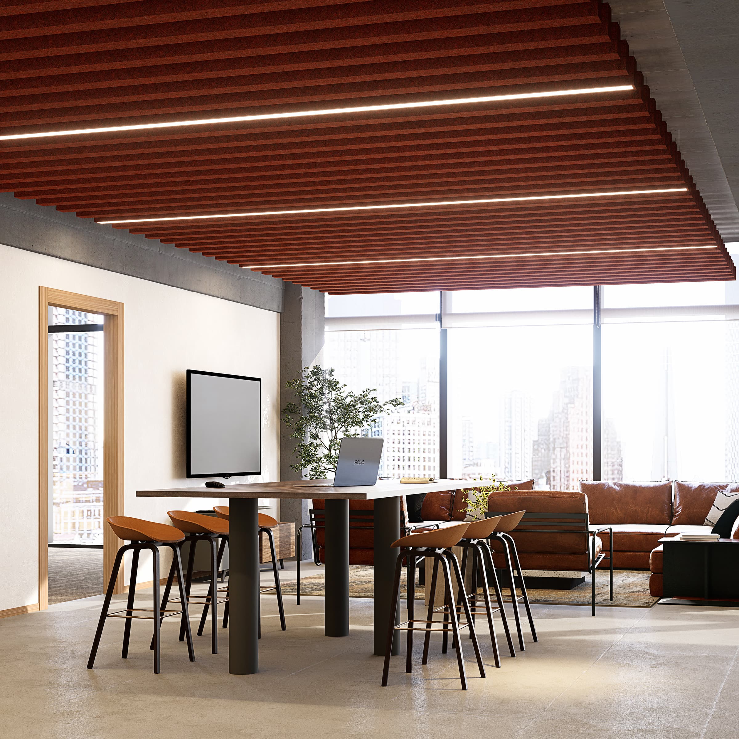 Modern office room with a high table and barstools in the center, illuminated by LED lights in acoustic felt ceiling baffles. A wall-mounted TV and large windows overlook a cityscape. The room features a brown grooved ceiling supported by trusses, light-colored walls, and a comfortable seating area with a brown leather sofa.