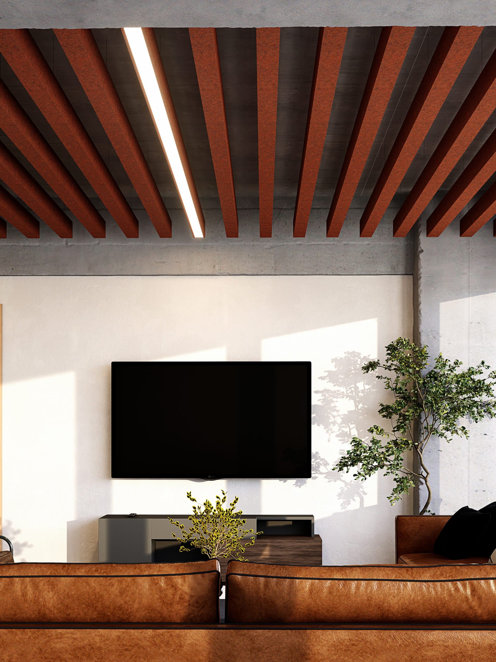 A modern living room with a minimalist design. The ceiling features truss ceiling baffles with integrated, subtle LED lighting, while a sleek TV is mounted on the white wall. Below the TV is a low console with a small planter. Leather couches and a large plant create a cozy and stylish atmosphere.