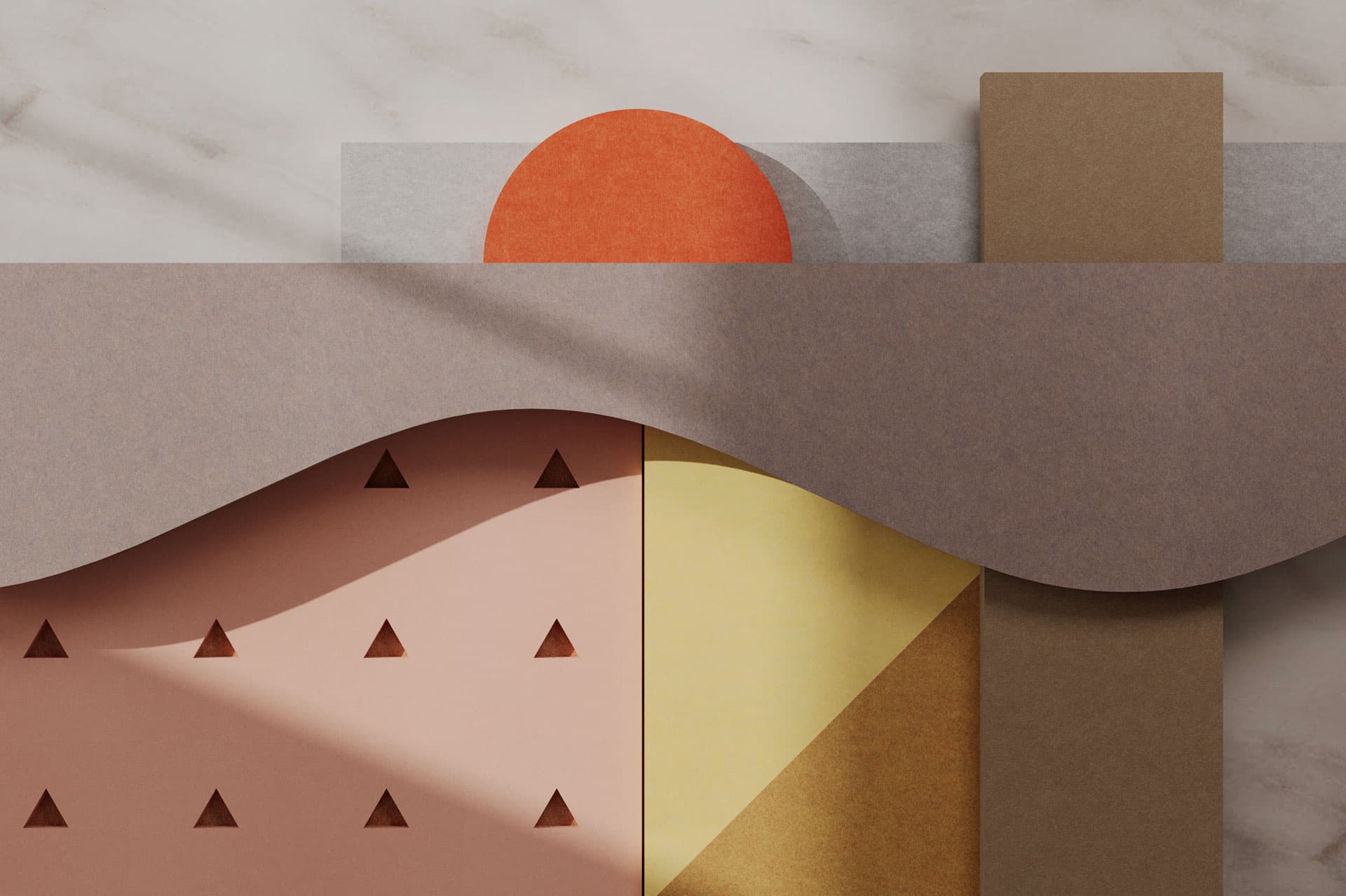 An abstract composition featuring layered, high-quality acoustic felt. A wavy brown piece overlays geometric shapes in hues of pink, yellow, and brown. A red semicircle emerges from behind a gray rectangle at the top, casting shadows with a soft, textured effect that exudes luxury.