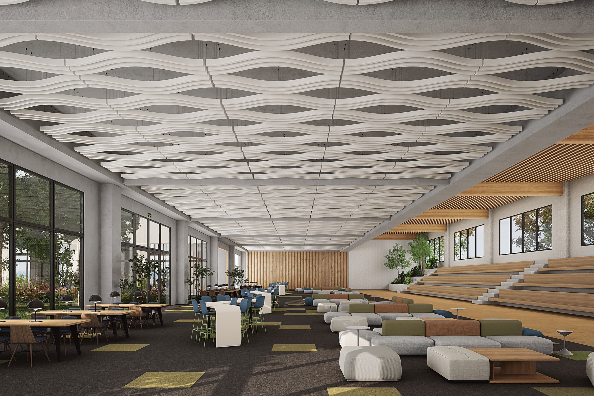 A modern, spacious interior with billow-patterned acoustic felt ceiling baffles, large windows, and abundant natural light. Seating includes sofas, chairs, and tables. A tiered seating area on the right is designed for lounging or presentations. Plants add a touch of greenery.