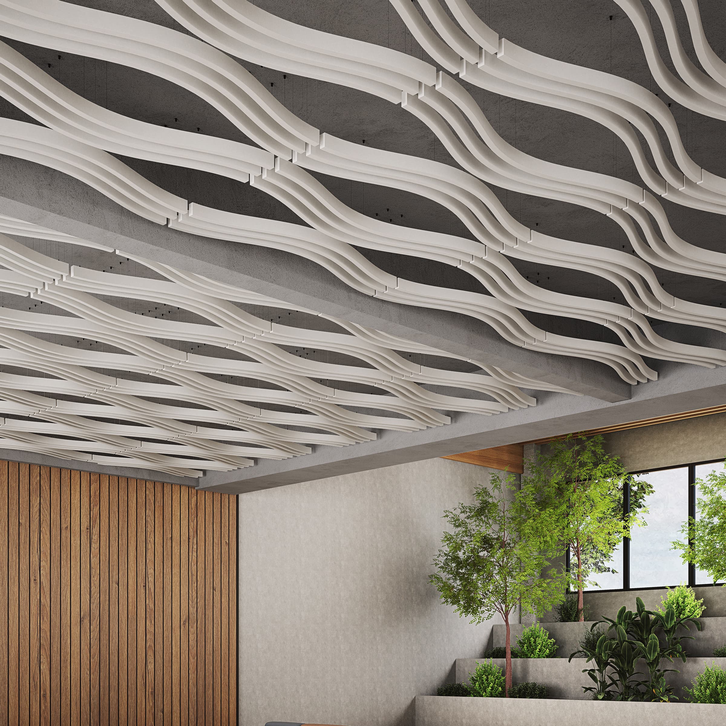 A modern interior features a unique ceiling with billowing, wave-like white acoustic felt baffles. The back wall is adorned with vertical wooden slats, and the room includes a tiered plant arrangement, with large windows in the background allowing natural light to stream in.