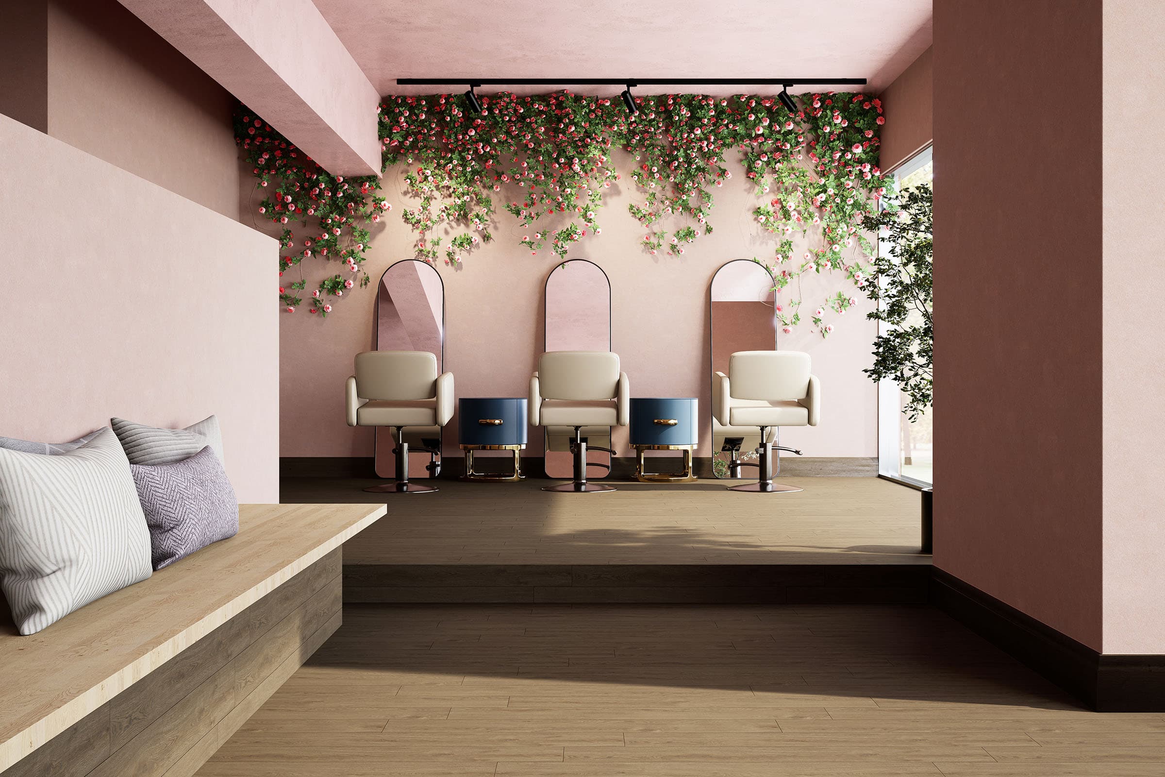 A serene beauty salon interior with three white styling chairs facing mirrors, accented by solid wall and ceiling panels in Valentine, plus hanging green and pink floral decorations. Quiet natural light streams in from an open window.